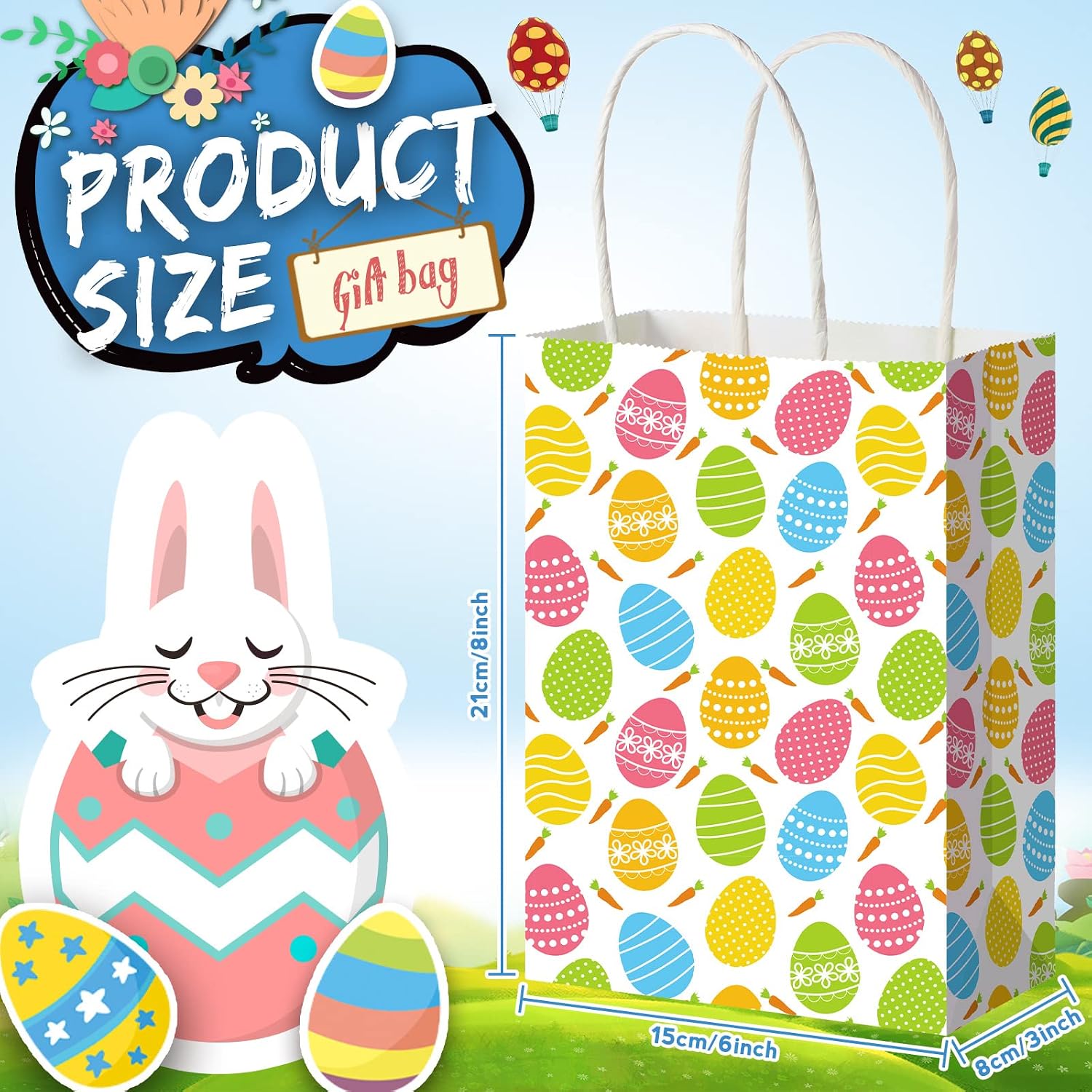Spakon 12 Pcs Easter Gift Paper Bags Easter Party Favor Bags with Handles for Goodies Treats Candy Snack Kids Holiday Party Supplies Gift Wrapping