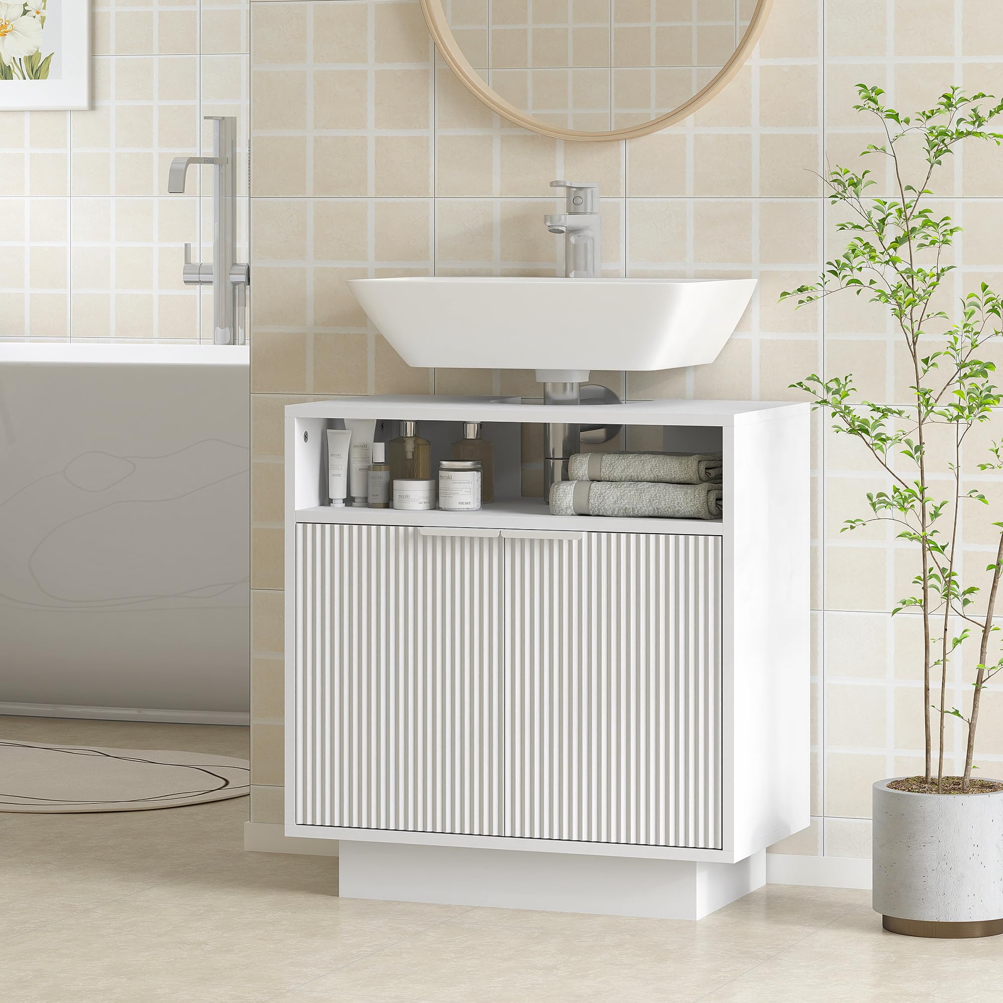 HOMCOM Mueble bajo Lavabo con 2 Puertas Acanaladas 60x33x63 cm Blanco | Mueble de Baño, Compartimento Abierto, Armario de Baño para Lavabo sin Pedestal, Estilo Moderno