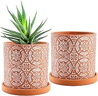 Jucoan 2 Pack 5 Inch Terracotta Plant Pots with Boho Flower Pattern, Drainage Hole & Saucer - Red Clay Succulent Cactus Planters for Indoor Outdoor