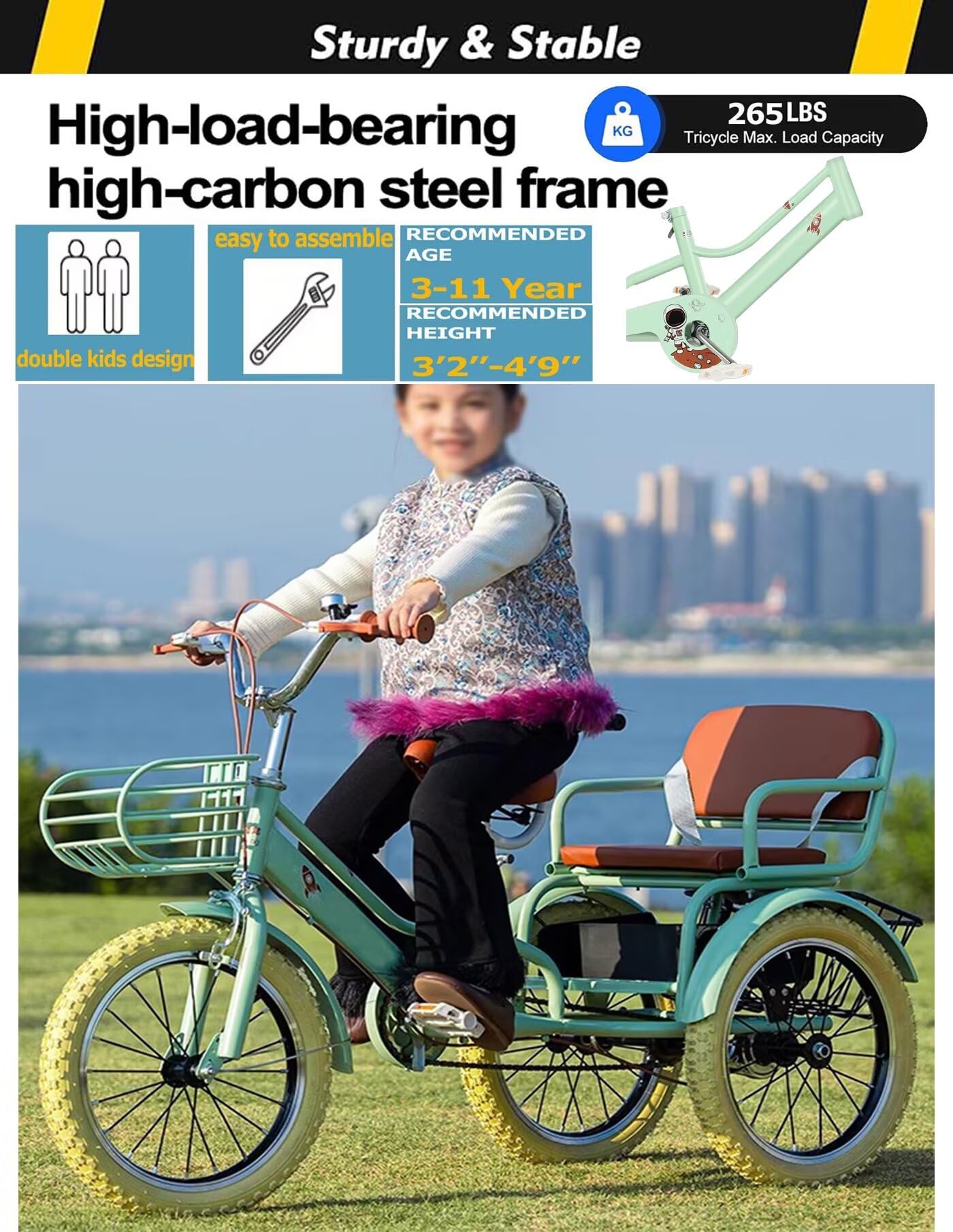 Amazon.co.jp: 後部座席付き有人三輪車、後部座席ベルト付き、デュアル