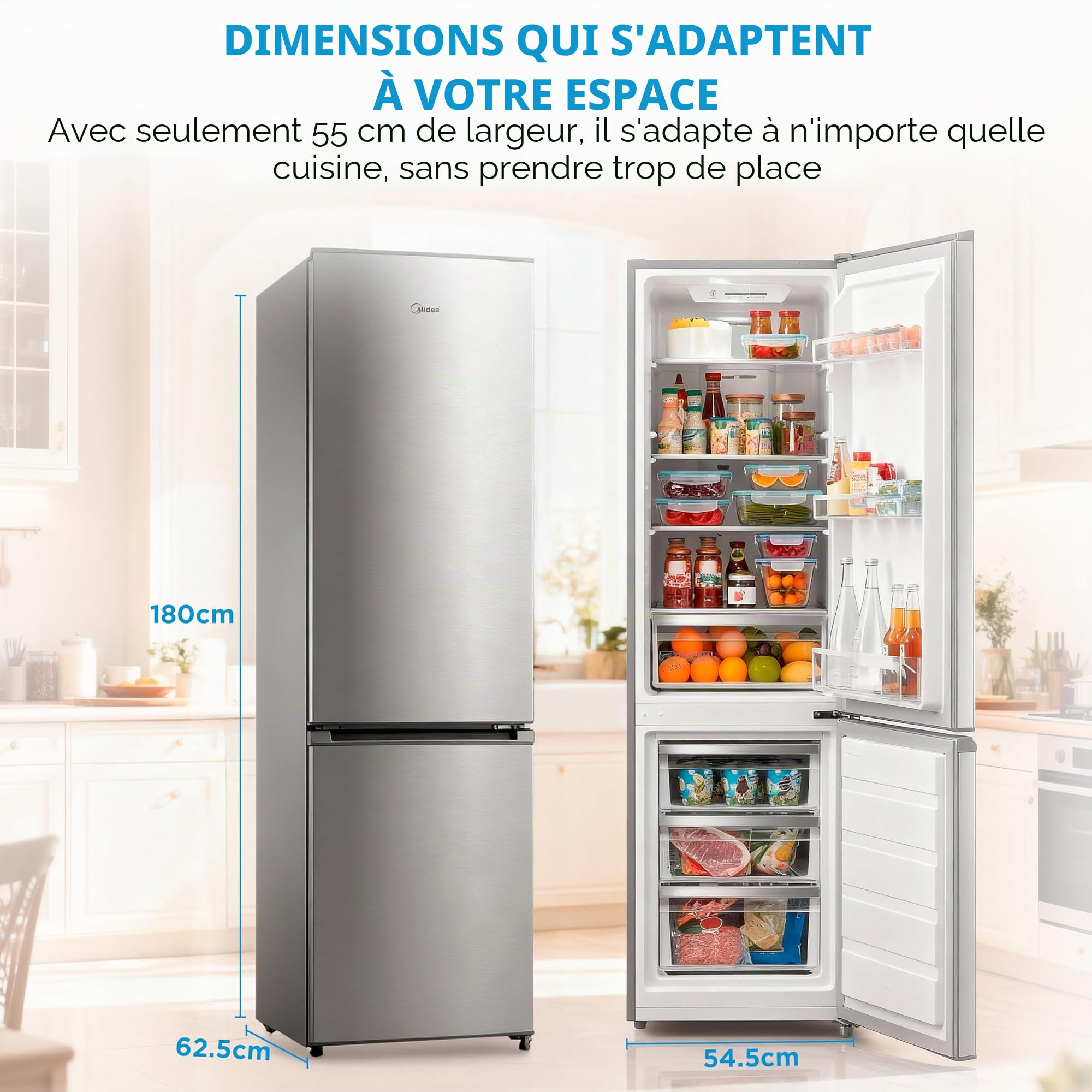 Midea Frigo Congelateur Combiné No Frost 55 cm de large x 180 cm - Combine Refrigerateur 270 L - Frigidaire Congelateur à économie d'énergie avec compartiment
