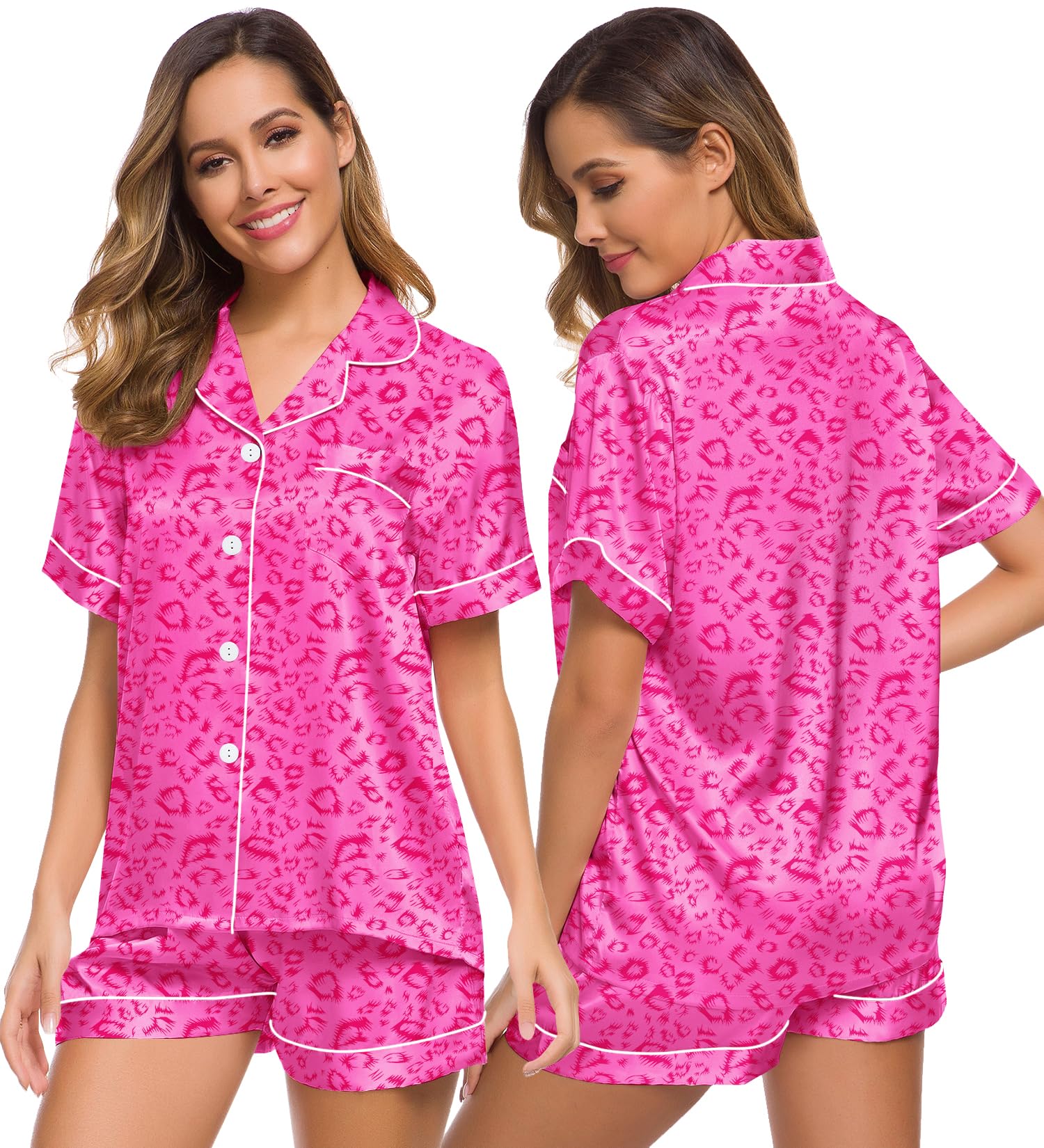 SWOMOG Womens Silk Satin Pajamas Set Short Sleeve Sleepwear Button Down Top and Shorts Loungewear 2 Piece Pjs Set XS-3XL