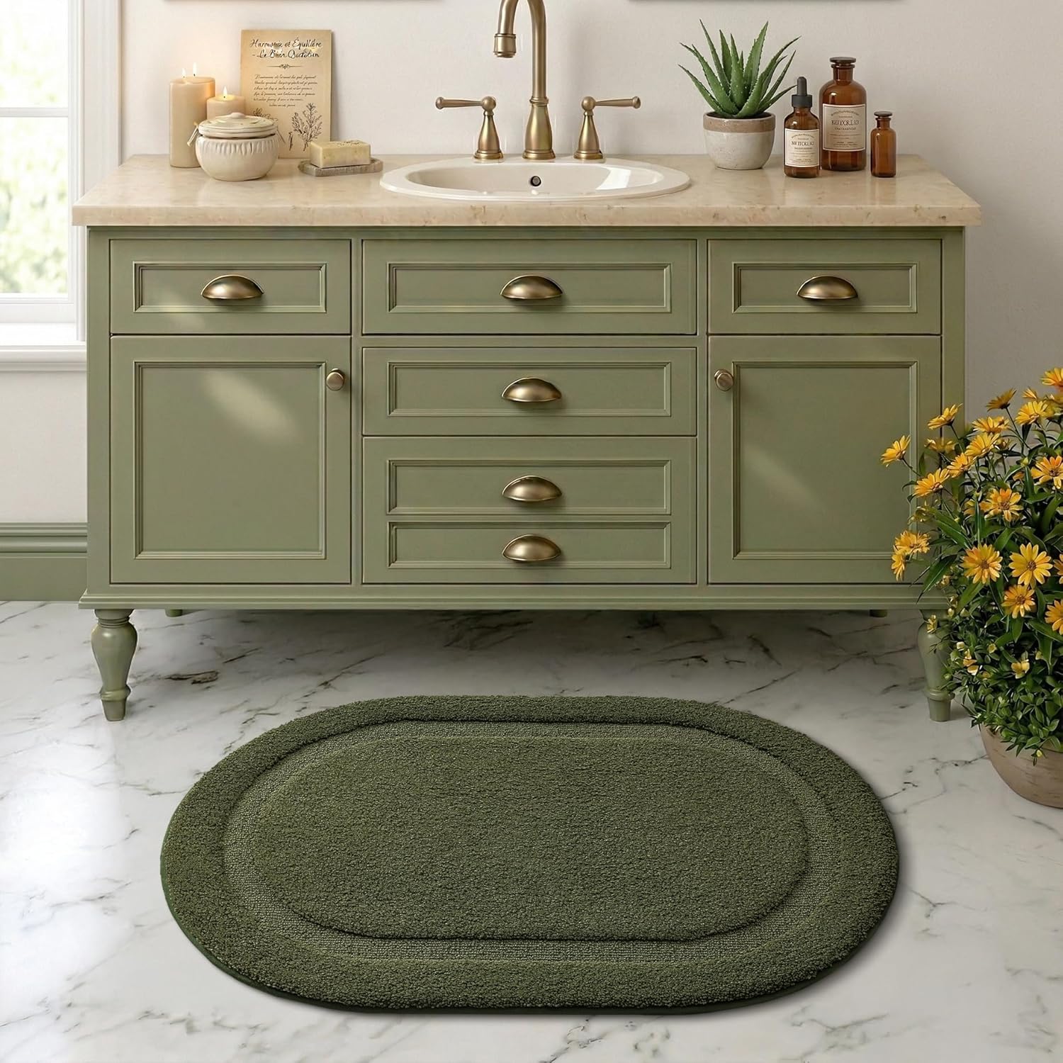 Color&Geometry Oval Green Bathroom Rugs 32x20, Extra Soft Absorbent Microfiber Bath Rugs, Non-Slip Bathroom mat, Washable Plush Bath Mats for Bathroom, Shower, Bathtub, Laundry, Green