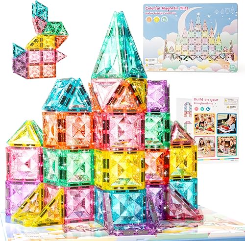 Miniatura 1 de Azulejos magnéticos de diamante con purpurina de gran tamaño, juego de 60 piezas con caja de almacenamiento, juguete sensorial educativo STEM,