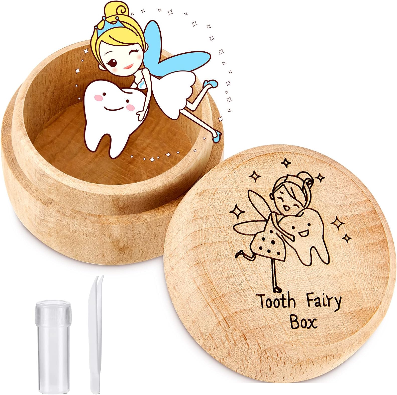 Tooth Fairy Box for Boys and Girls Wooden Baby Teeth Fairy Holder for Kids Tooth Storage and Saver Box Toothfairy Keepsake Organizer with Bottle and Tweezers for Lost Teeth Baby Shower Birthday Gift