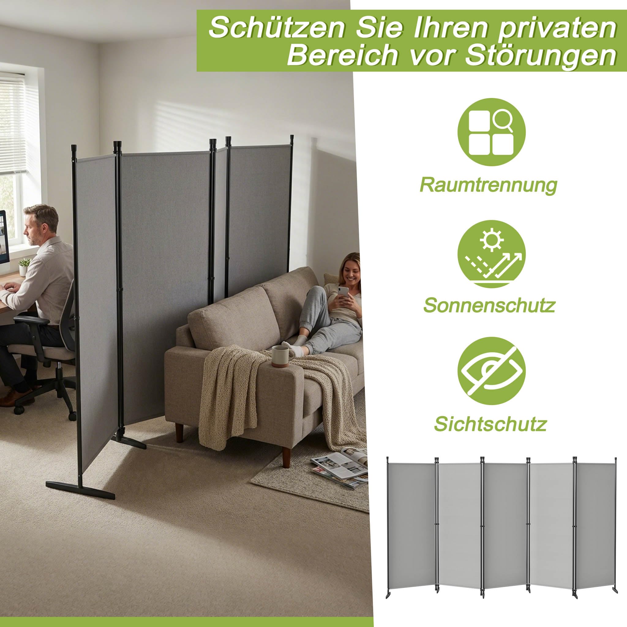 Froadp Biombo separador de habitaciones, 6 piezas, plegable, 300 x 180 cm, flexible, protección visual con clavos y cuerdas, para salón, oficina, jardín, balcón, gris claro