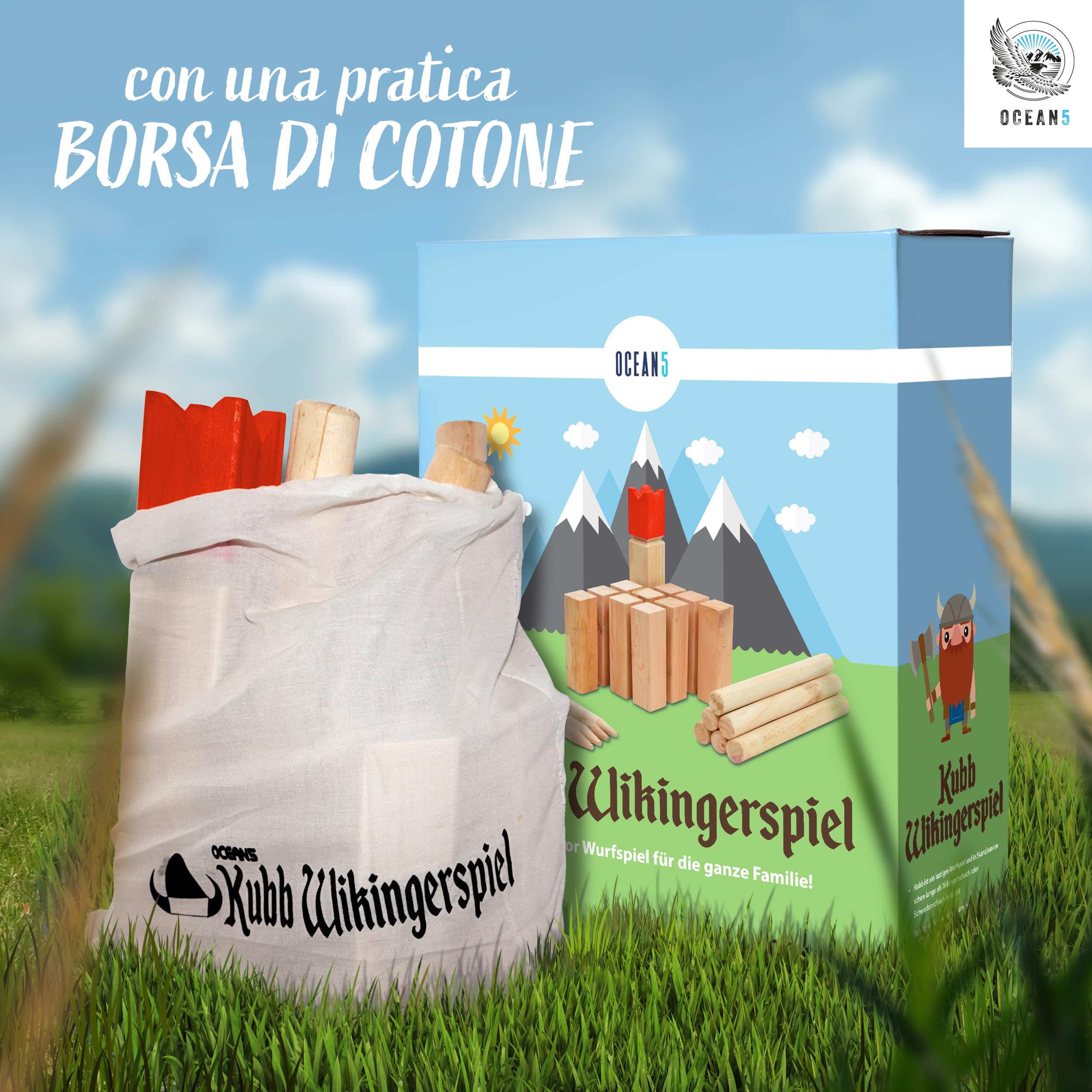 Ocean 5 Kubb Gioco Originale Vichingo | Gioco in Legno di Alta qualità in Una Borsa di Stoffa con Figure enormi | Set di Scacchi svedesi | Set di Scacchi in Legno per Bambini e Adulti |