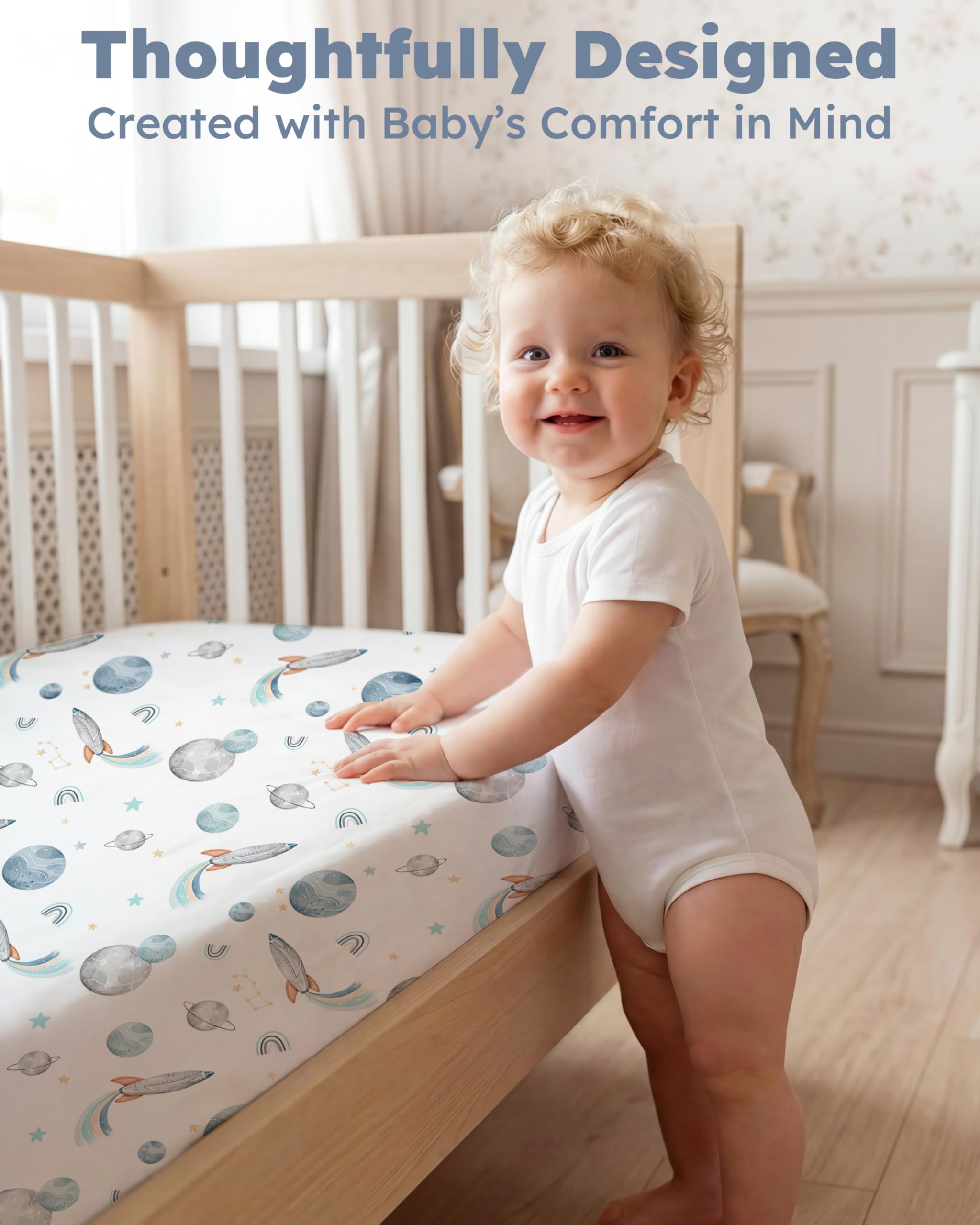 Nyessmee Baby Crib Sheets for Boys and Girls, Fitted Crib Sheets 52" x 28", Soft Breathable Microfiber Sheets for Standard Crib and Toddler Mattress, 2-Pack Blue Rocket - 5