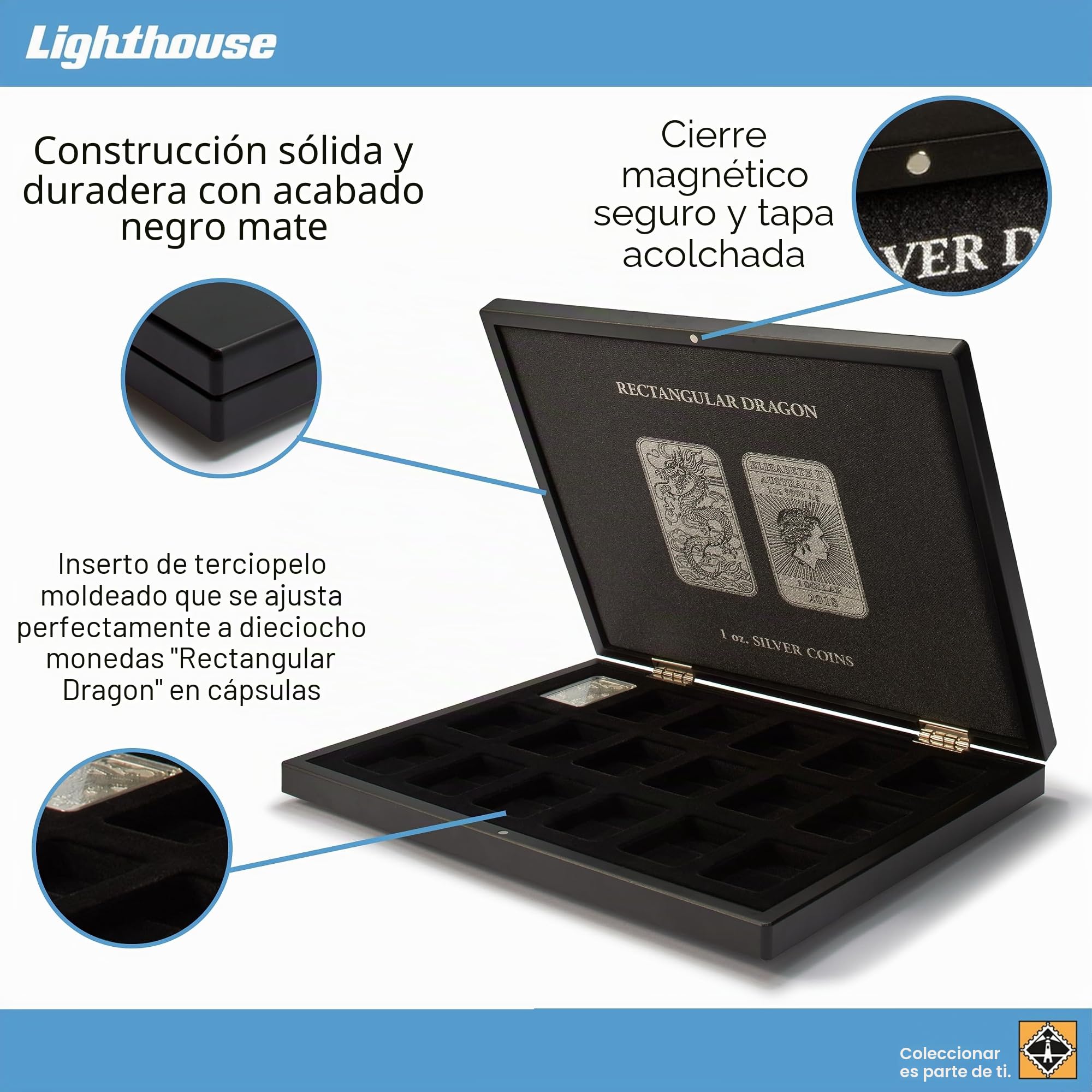 Leuchtturm 368466 Estuche para 18 Monedas de Plata Volterra Uno Dragón Rectangular en cápsulas - Aspecto de Madera de Caoba