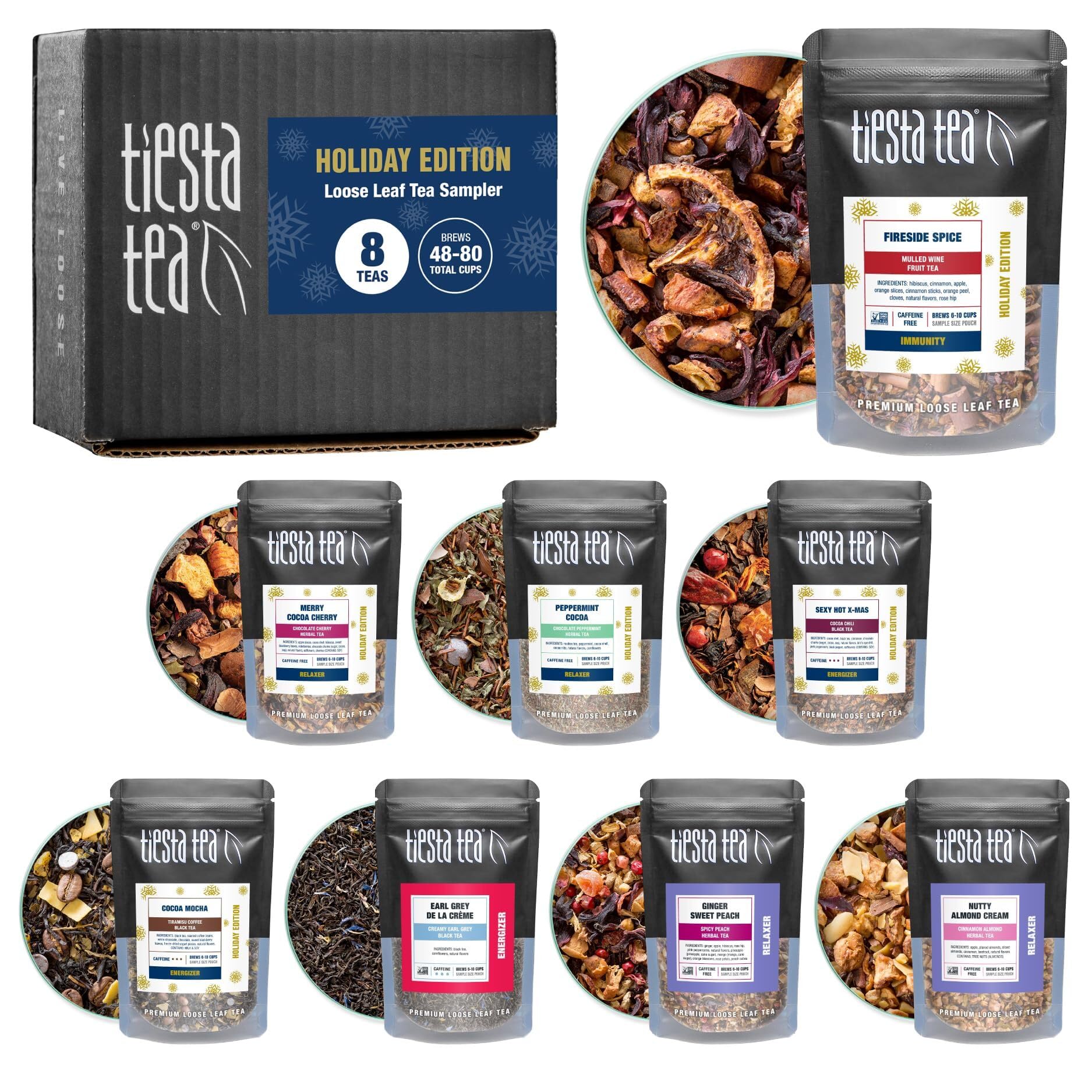 Tiesta Tea - Holiday Tea Sampler Dry Flight Set | High to No Caffeine Hot & Iced Tea | Premium Loose Leaf Sample with Black, Herbal, Fruit & Hibiscus Tea Blends - 8 Resealable Sample Pouches