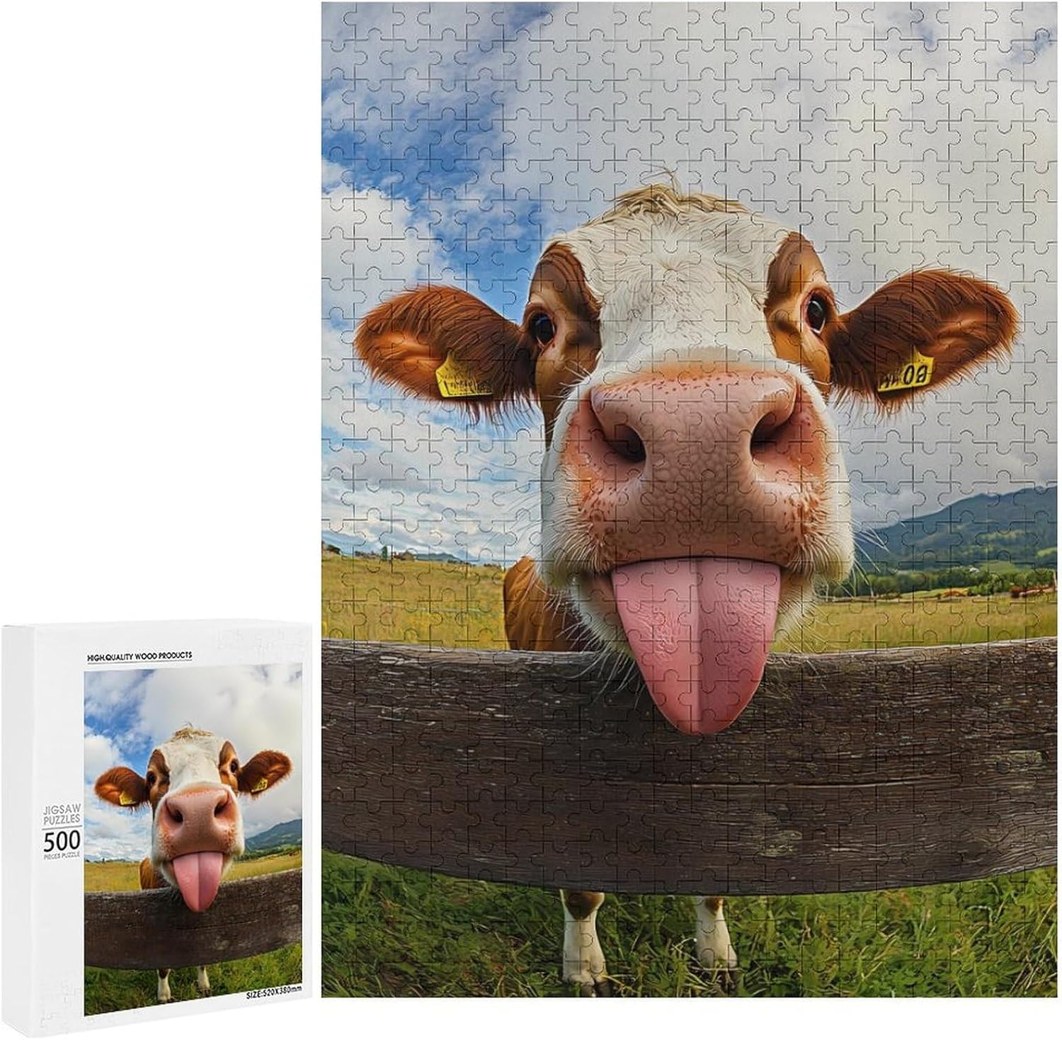 Cow Funny Tongue Funny Wooden Jigsaw Puzzle Vertical Picture Puzzles Gifts for Women Men 300/500/1000 Pieces