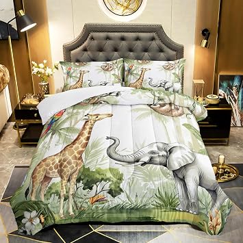 QOOMO Elephant Giraffe Monkeys Comforter Twin,Wild Animals Bedding Set