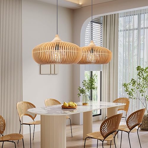 Miniatura 10 de Arturesthome Lámpara colgante redonda de madera de granja, lámpara de techo colgante de madera rústica para cocina, isla, cafetería, sótano,