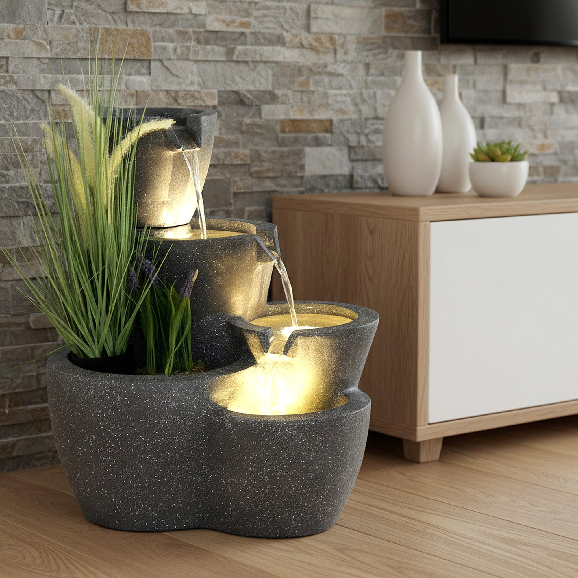 Fuente de Jardín Iluminada Grande Arnusa - Fuente de Agua de 59 cm - Decoración de Jardín Interior y Exterior - Se Puede Plantar
