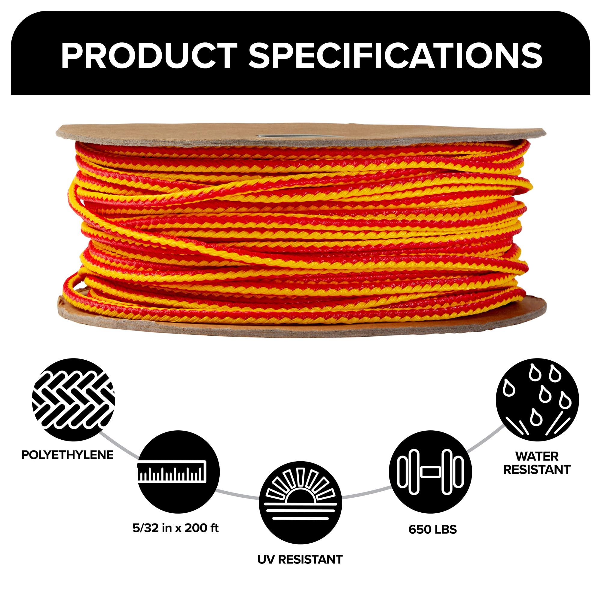 Jameson Poly Throw Line, 5/32 in. x 200 ft, Neon Red/Yellow | 650 lb Break Strength | Durable Arborist Line for Big Shot Launcher, Tree Work & Line Setting