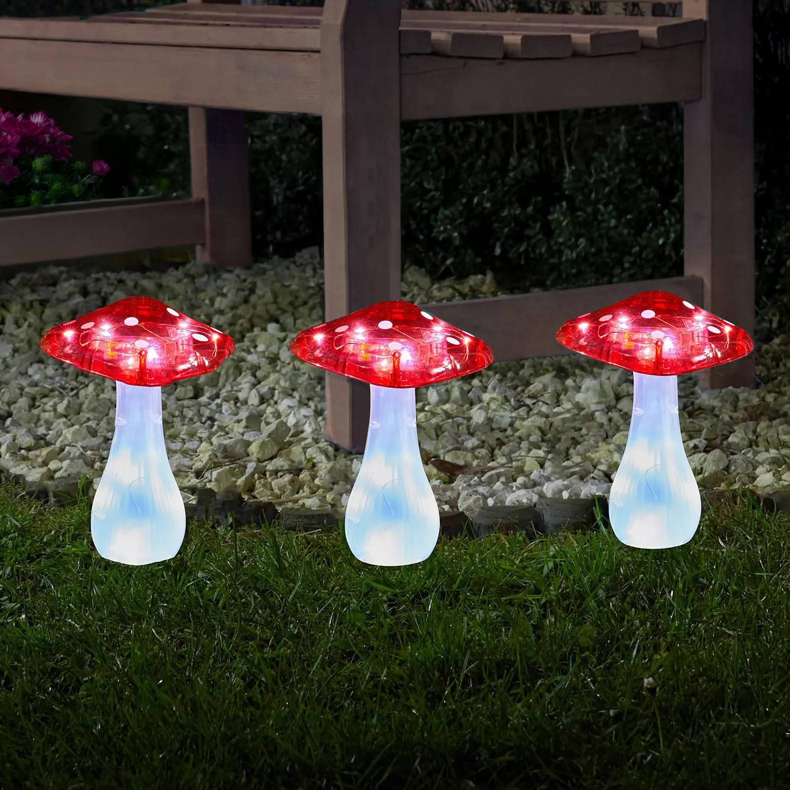 Garden Mile 3 Mushroom Stake Lights 3 Led Solar Powered Mushroom Stake Lights Outdoor Waterproof - Toadstool Garden Path Lights - Decorative Solar Lights Outdoor Garden For Pathway, Patio, Lawn & Fairy Garden Decor