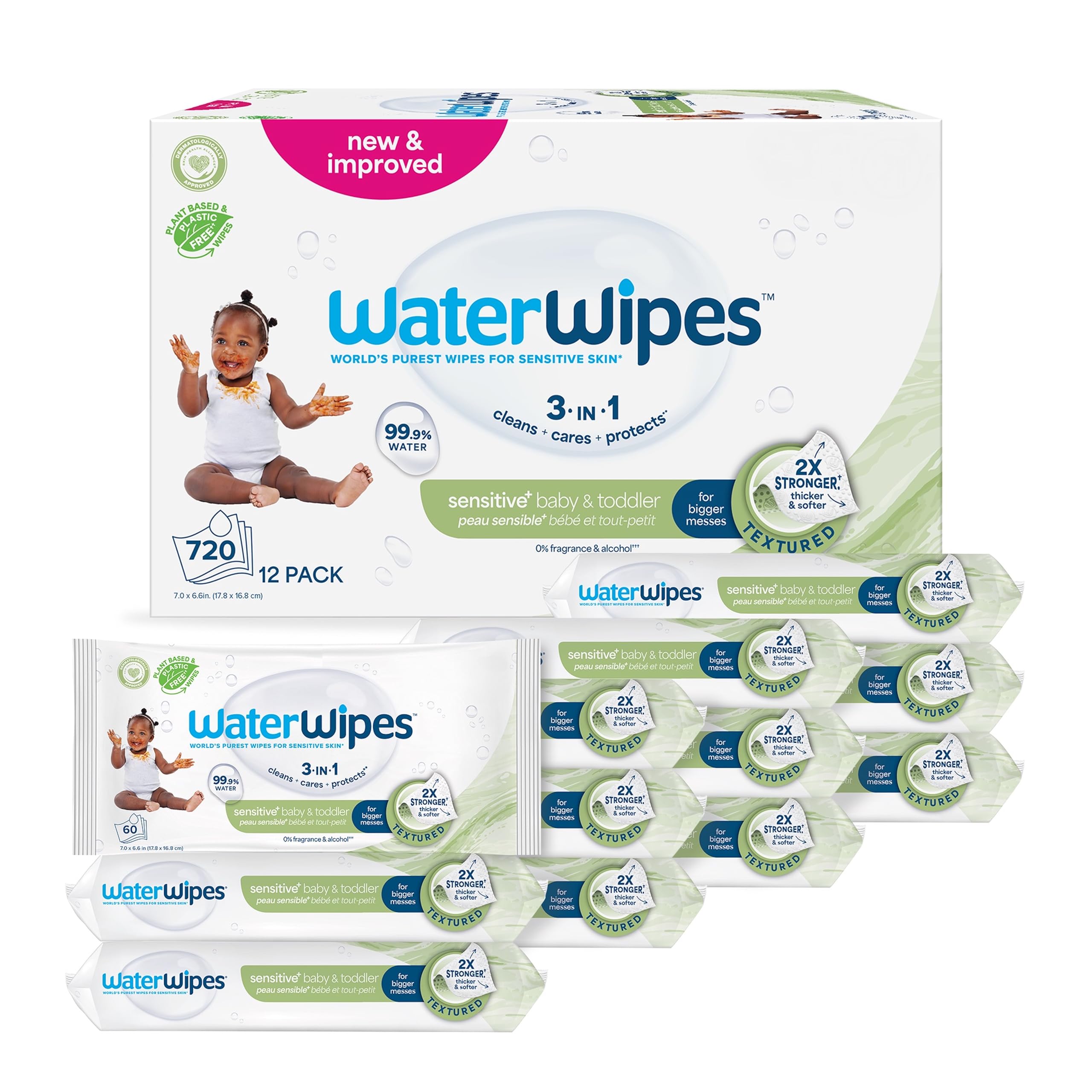 WaterWipesSensitive+ Baby & Toddler Wipes, 720 Count (12 Packs), 3-In-1 Cleans, Cares, Protects, 99.9% Water, Textured Clean, Unscented