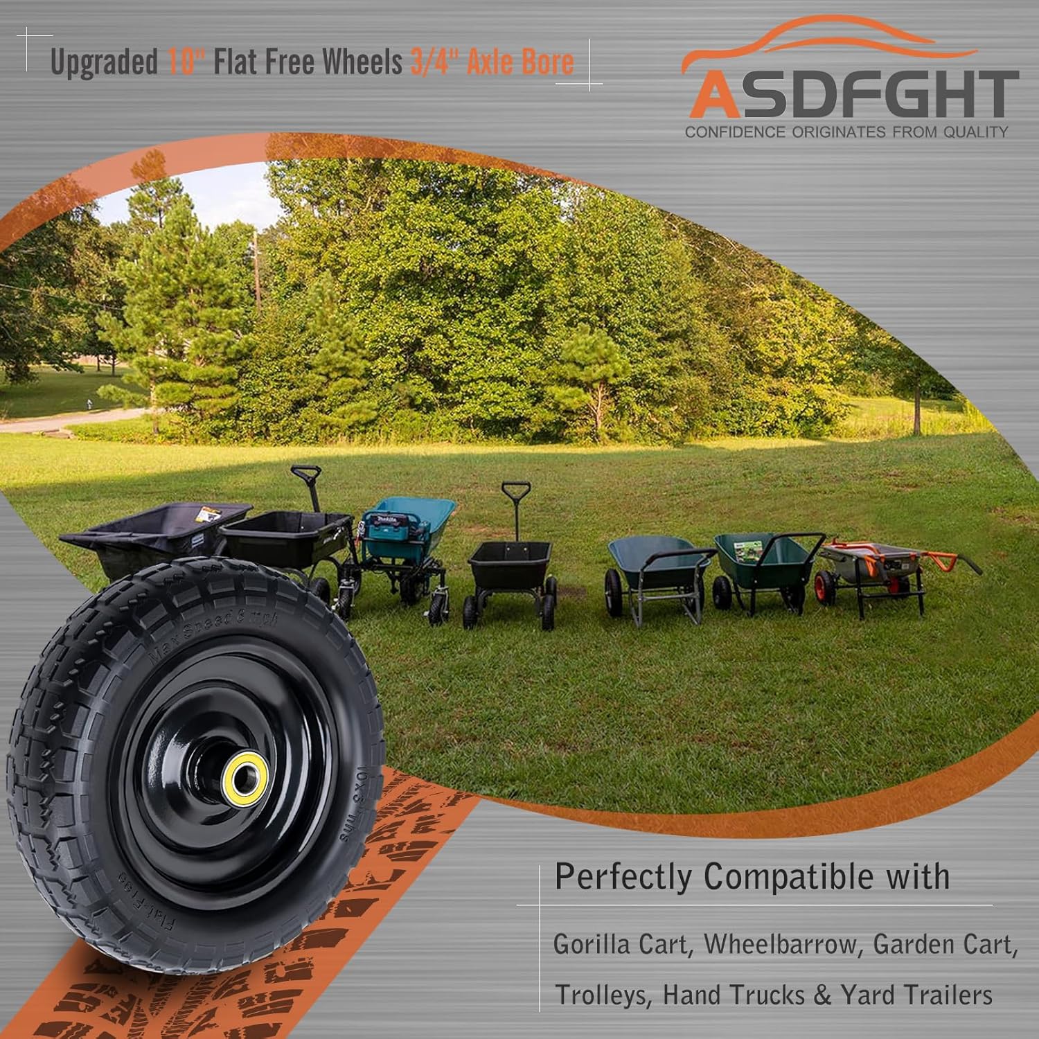 10" Solid Rubber Tires, 4.10/3.50-4 Tire and Wheel Flat Free, 4-Pack with 3/4" Bearings, 2.17"Offset Hub for GOR Garden Cart, Wheelbarrow, Trolleys, Hand Trucks & Yard Trailers