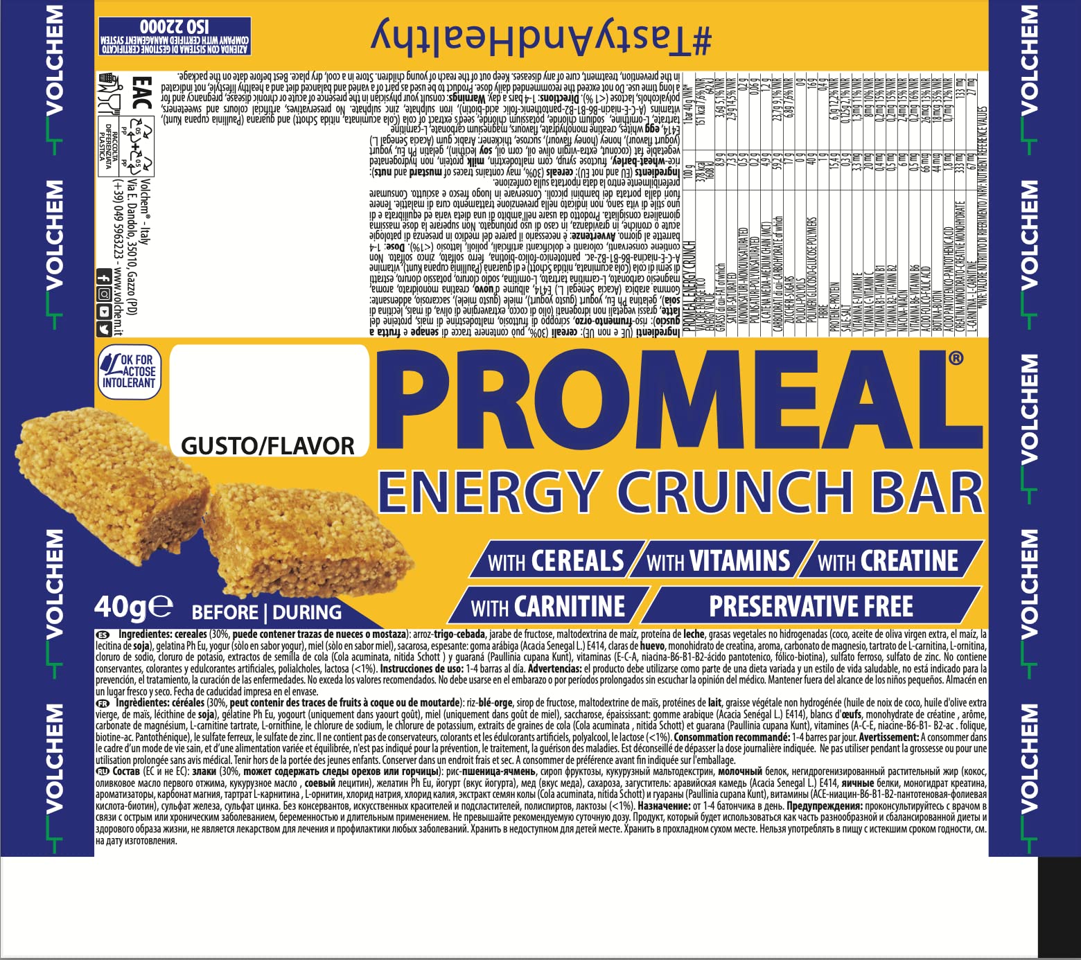 Volchem Promeal Energy Crunch, Barretta Energetica con Polimeri di Glucosio, Carnitina, Creatina e Vitamine, Senza Conservanti, Coloranti e Dolcificanti, Scatola da 30 Barrette, Gusto Miele, 1200 g