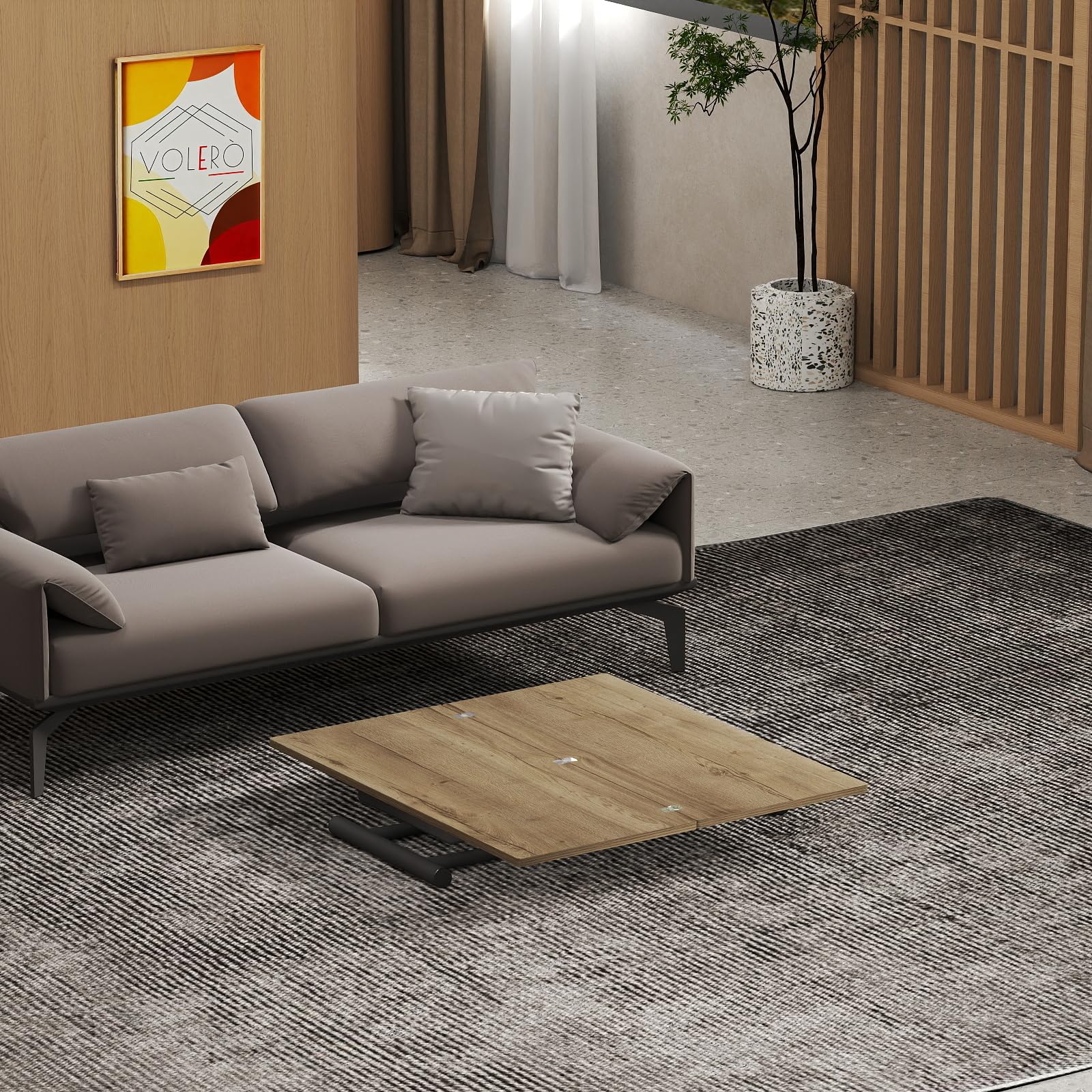 VOLERO' ; Mesa Convertible para Ahorrar Espacio, Modelo Ulisse Small, Mecanismo de Subida con regulación milimétrica de la Altura (Roble)
