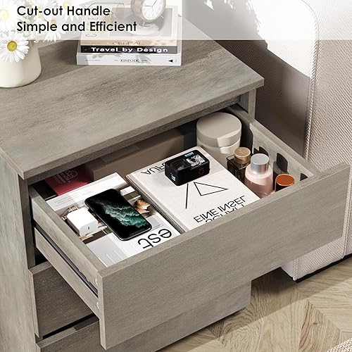 Miniatura 5 de FOTOSOK Juego de 2 mesitas de noche con 3 cajones, mesita de noche para dormitorio con asa recortada, mesa auxiliar de sofá con 3 cajones para