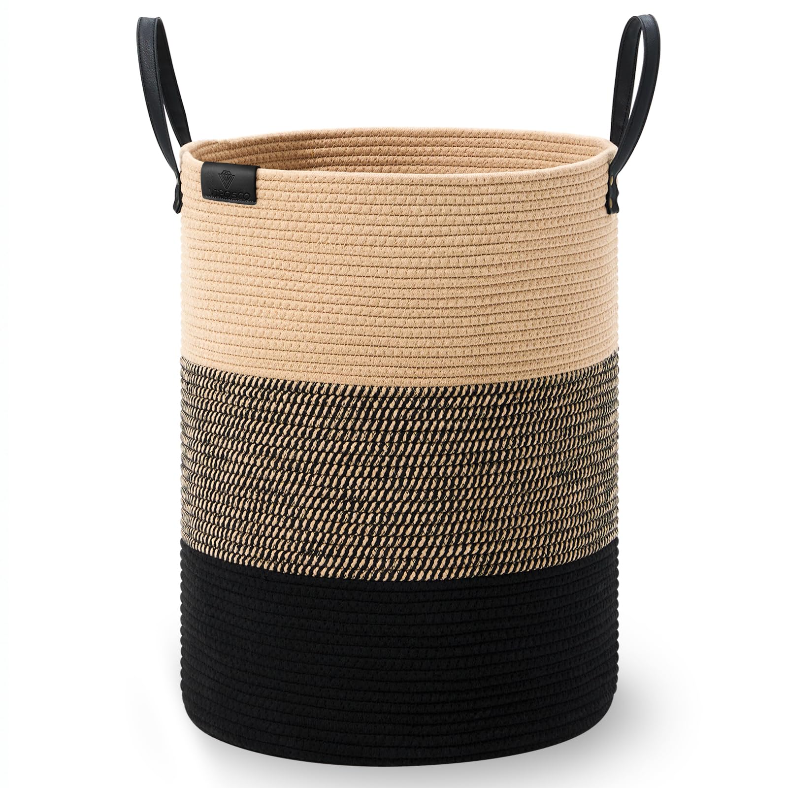VIPOSCO Tall Laundry Basket, Large Dirty Clothes Hamper with Leather Handle, Woven Rope Storage Basket for Blanket, Toy In Living Room, Bathroom, Bedroom - 100L Brown & Black