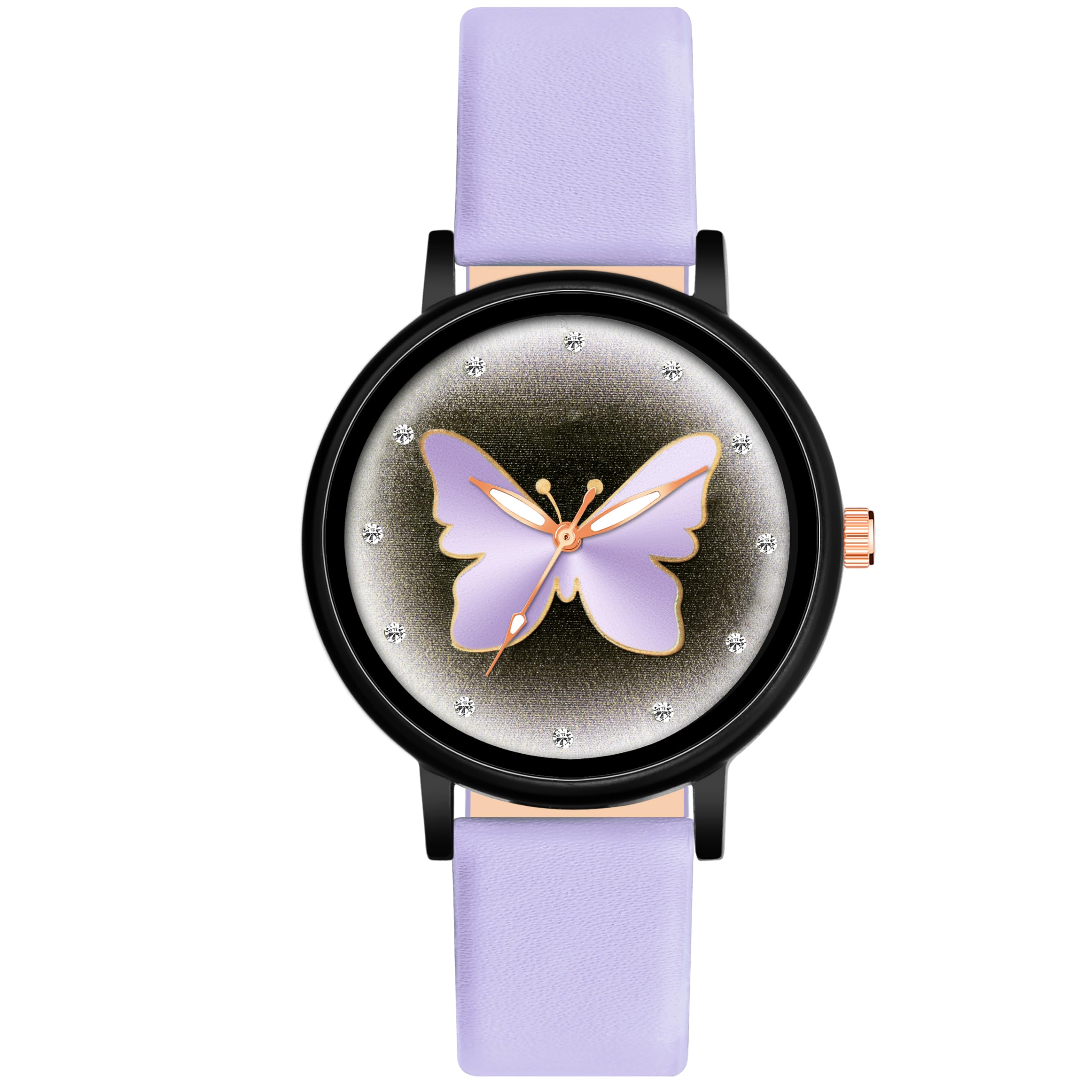 Fashionable Butterfly and Flower Dial Analog Digital Watch for Women with Studded Leather Strap-image-26