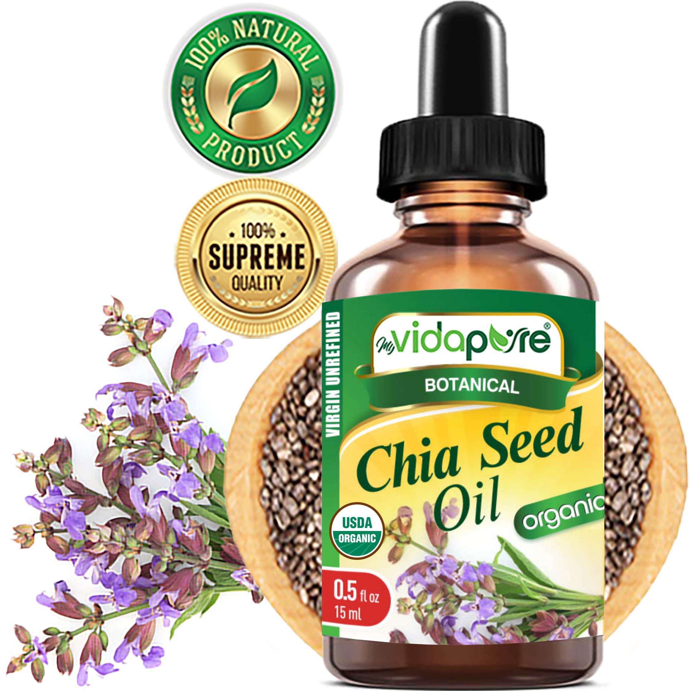 MYVIDAPURE Organic CHIA SEED OIL Certified Organic 100% Natural Pure VIRGIN UNREFINED Undiluted Cold Pressed Carrier oil 0.5 Fl oz 15 ml for Face Skin Body Hair Lip Nails Anti-Aging Rich in Vitamin E