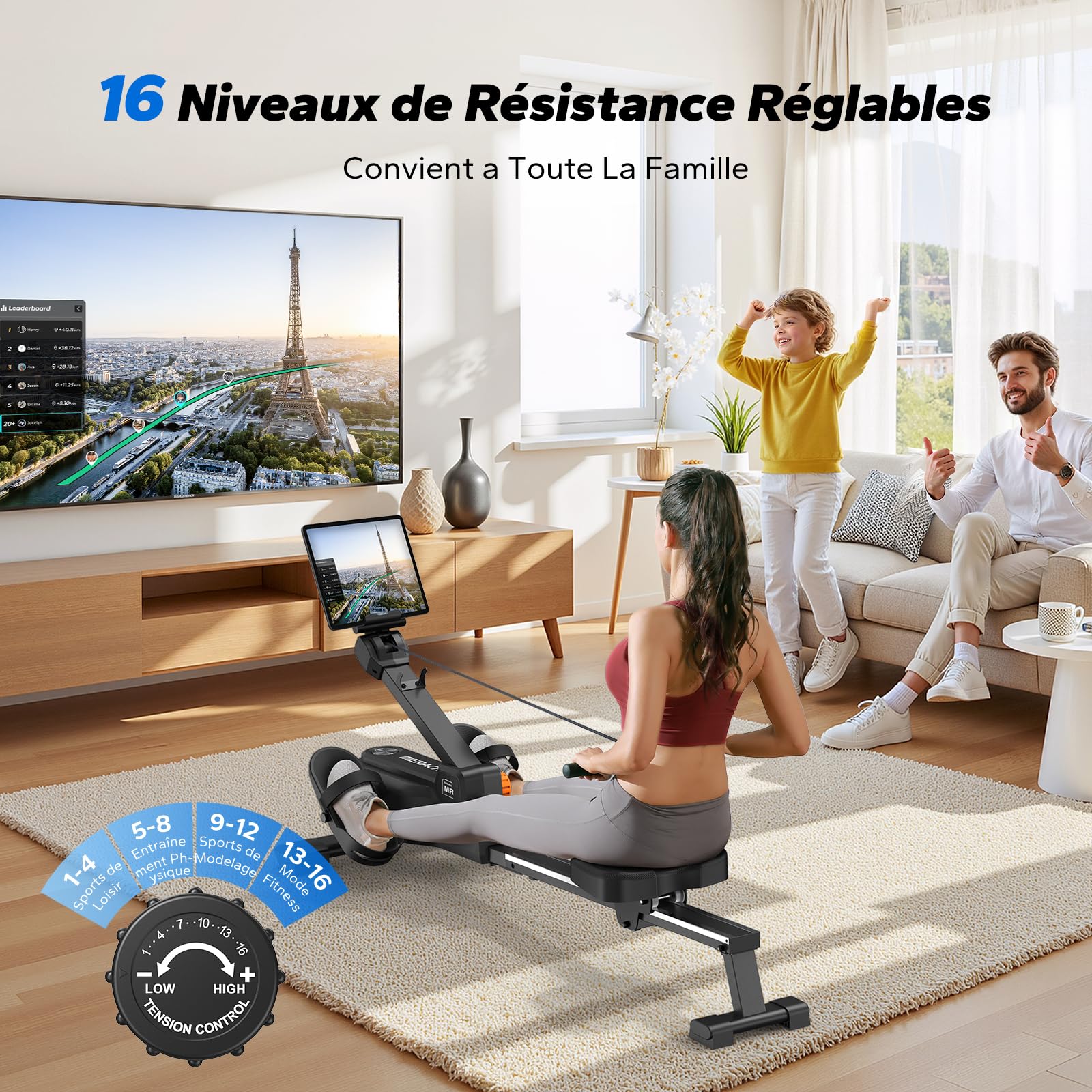 MERACH Rameur D'appartement avec Carte Interactive Exclusive de l' APP et Jeux, Apparence Semblable à Un Requin, Expérience de Rame Intense, Gain de Place, Adapté à L'entraînement du Corps Entier