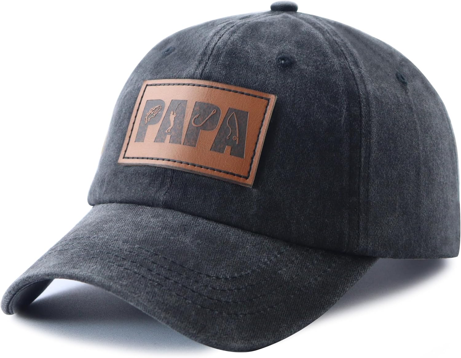 Fishing Papa Hats for Men, Vintage Cotton Fishing Decor Leather Patch Baseball Cap for Dad Papa - Image 2