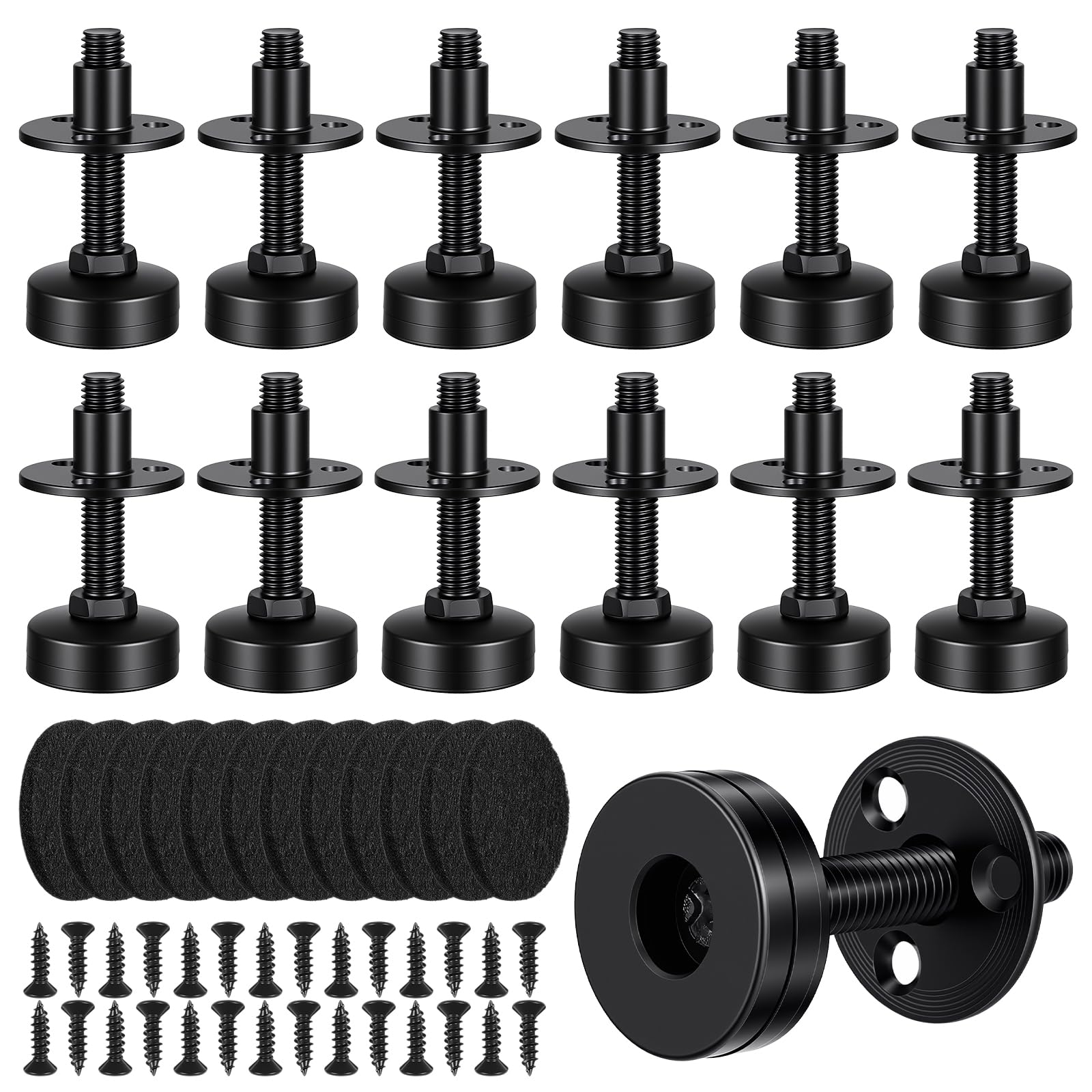 Photo 1 of MAQUITA 12 Pack Furniture Leveling Feet Heavy Duty, Adjustable Furniture Feet Levelers Screw on Heavy Duty Desk/Chair/Cabinet/Dresser/Bench Leg Leveler, Round T-Nut Kit 3/8”-16 Thread (Black)