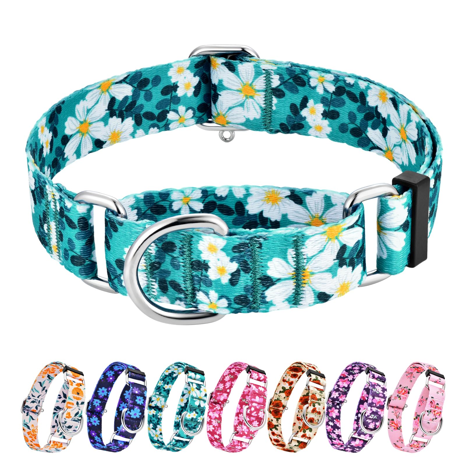 Hikiko Martingale Collar for Dogs with No Buckle Floral Daisy Dog Collar Soft Nylon No Pull Dog Collars for Medium Dogs,Green Flower,M