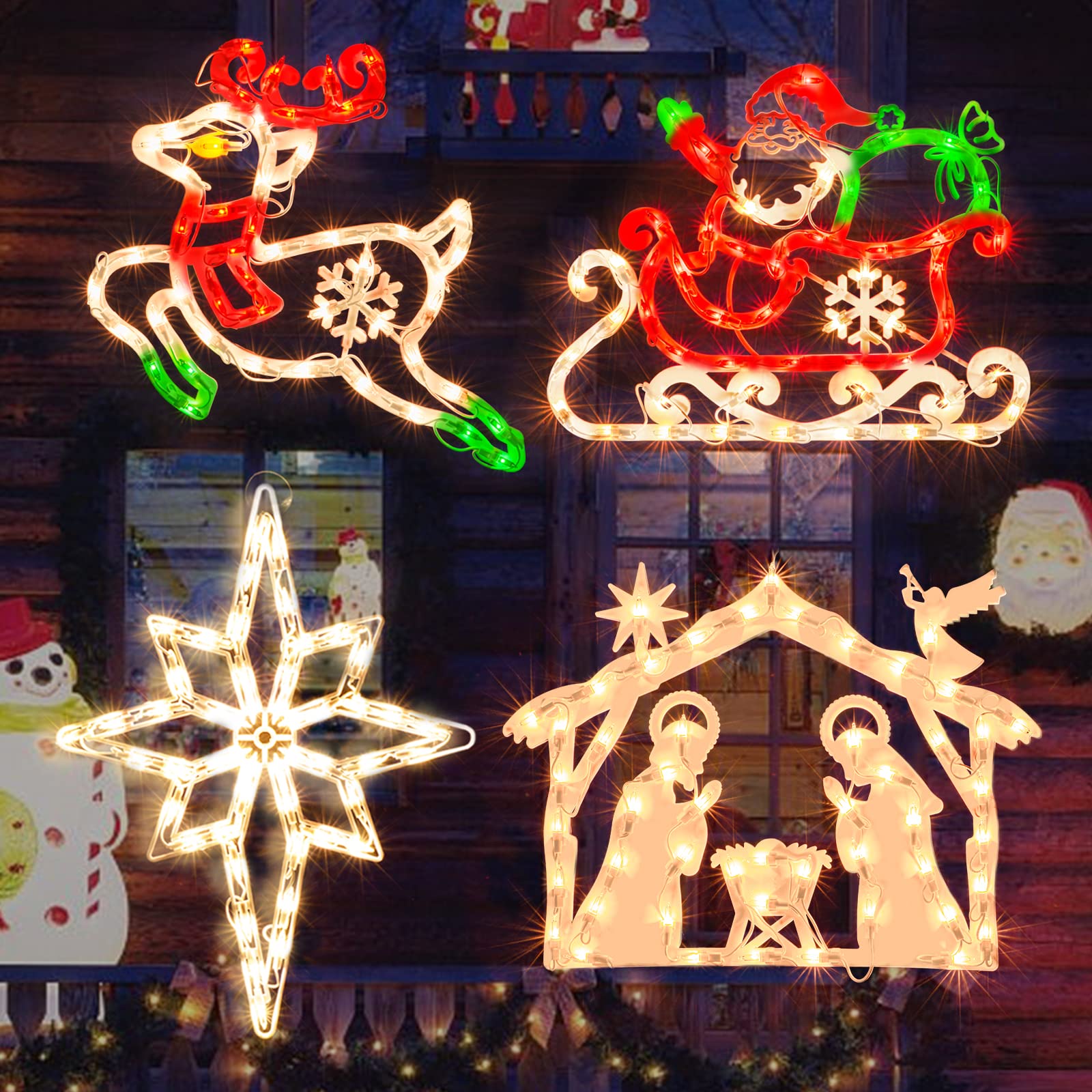 GLOWNOVA 200L19'' 4 Pack Christmas Window Silhouette Lights Decorations, Window Lighted Reindeer x1,Santa and Sleigh x1,Nativity x1,Bethlehem Star x1 for Home Indoor Wall, Patio Lawn