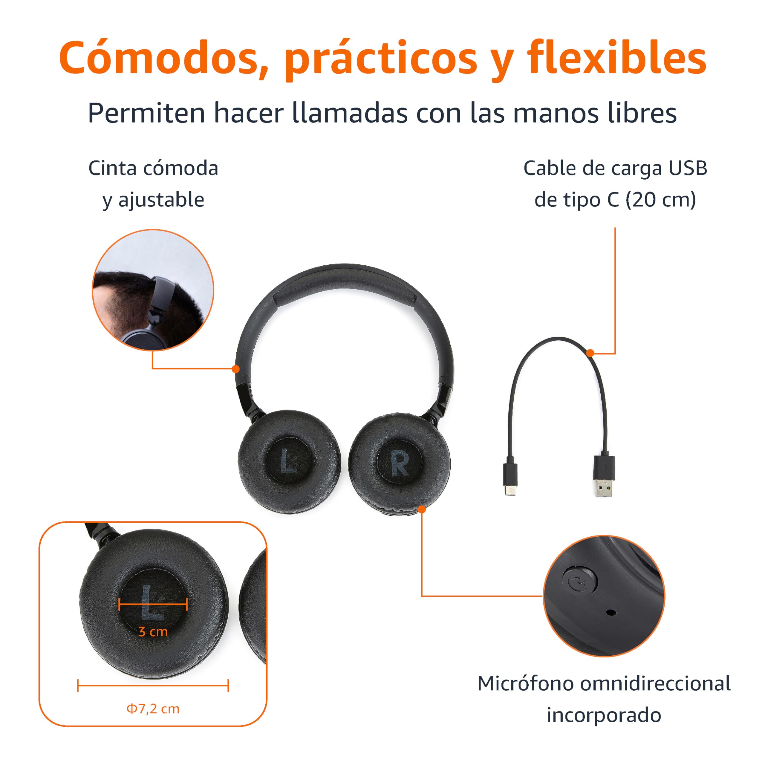 Amazon Basics auriculares inalámbricos Bluetooth 5.1, supraaurales, 35 horas de reproducción, ligeros y ajustables para viajes, oficina, teléfono móvil o PC, color negro