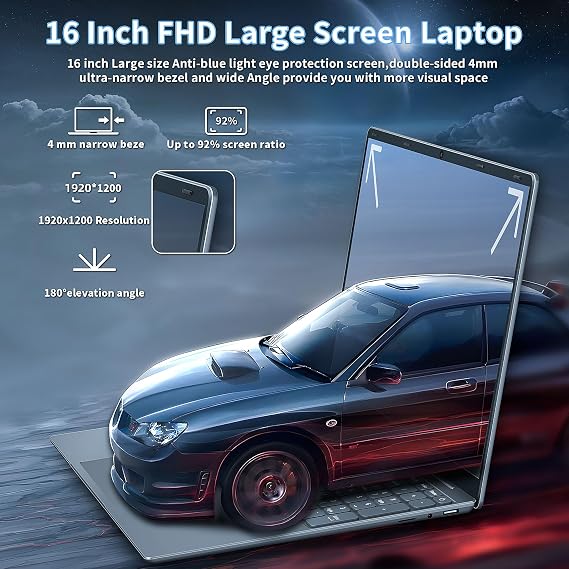 16 Laptop Computer Alder Lake N95 CPU (Up to 3.4Ghz) 12G LPDDR5 RAM 512GB SSD, Narrow Bezels 1920 * 1200 2K FHD IPS Screen/Backlit KB/Fingerprint Unlock (12G+512GB SSD)