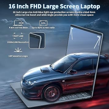 16 Laptop Computer Alder Lake N95 CPU (Up to 3.4Ghz) 12G LPDDR5 RAM 512GB SSD, Narrow Bezels 1920 * 1200 2K FHD IPS Screen/Backlit KB/Fingerprint Unlock (12G+512GB SSD)