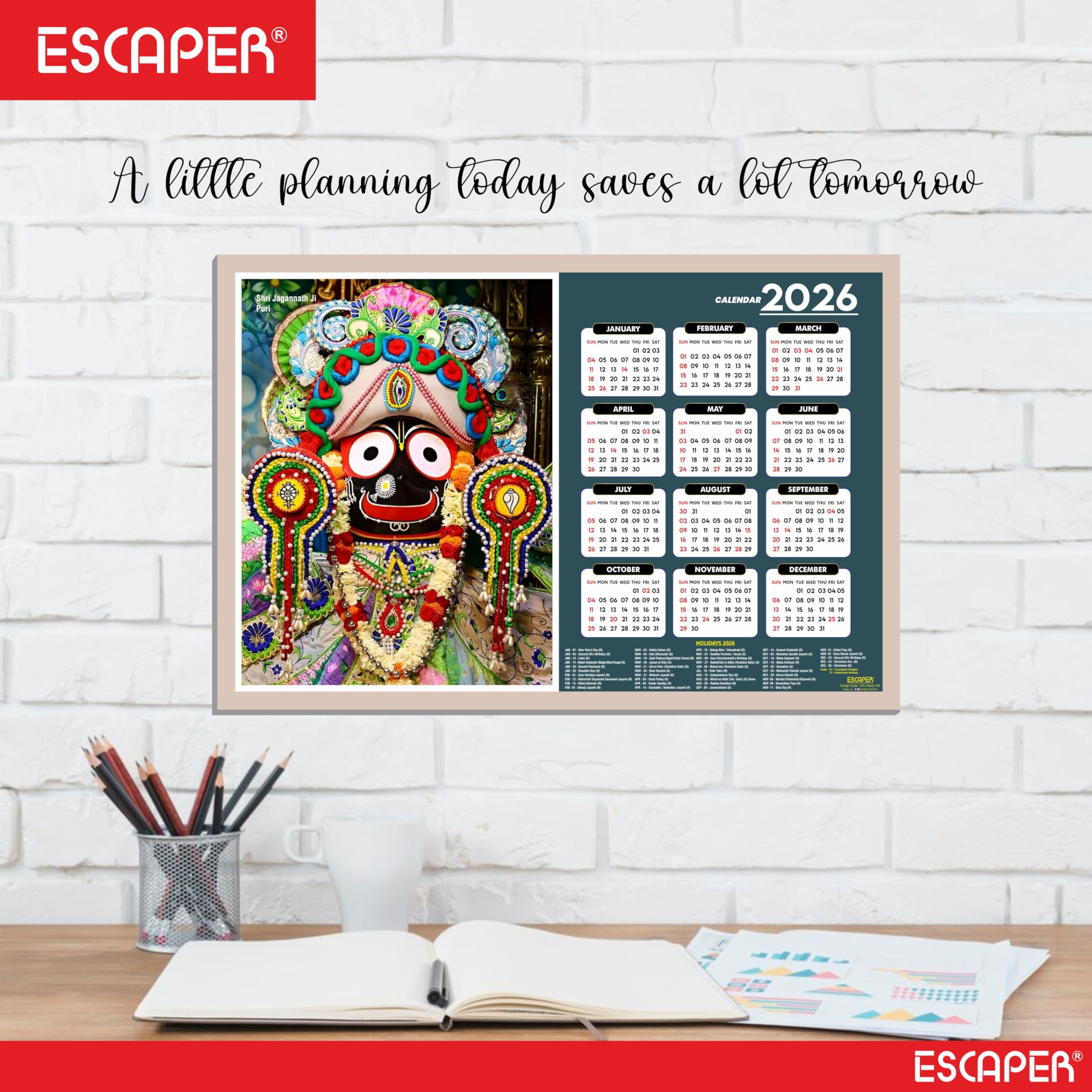 ESCAPER Jagannath Ji Wandkalender 2026 - 45 x 30 cm, Jagannath Tempel & Fotos, Hindu-Gott Religiöser Wandkalender für Zuhause, Büro & Pooja Zimmer