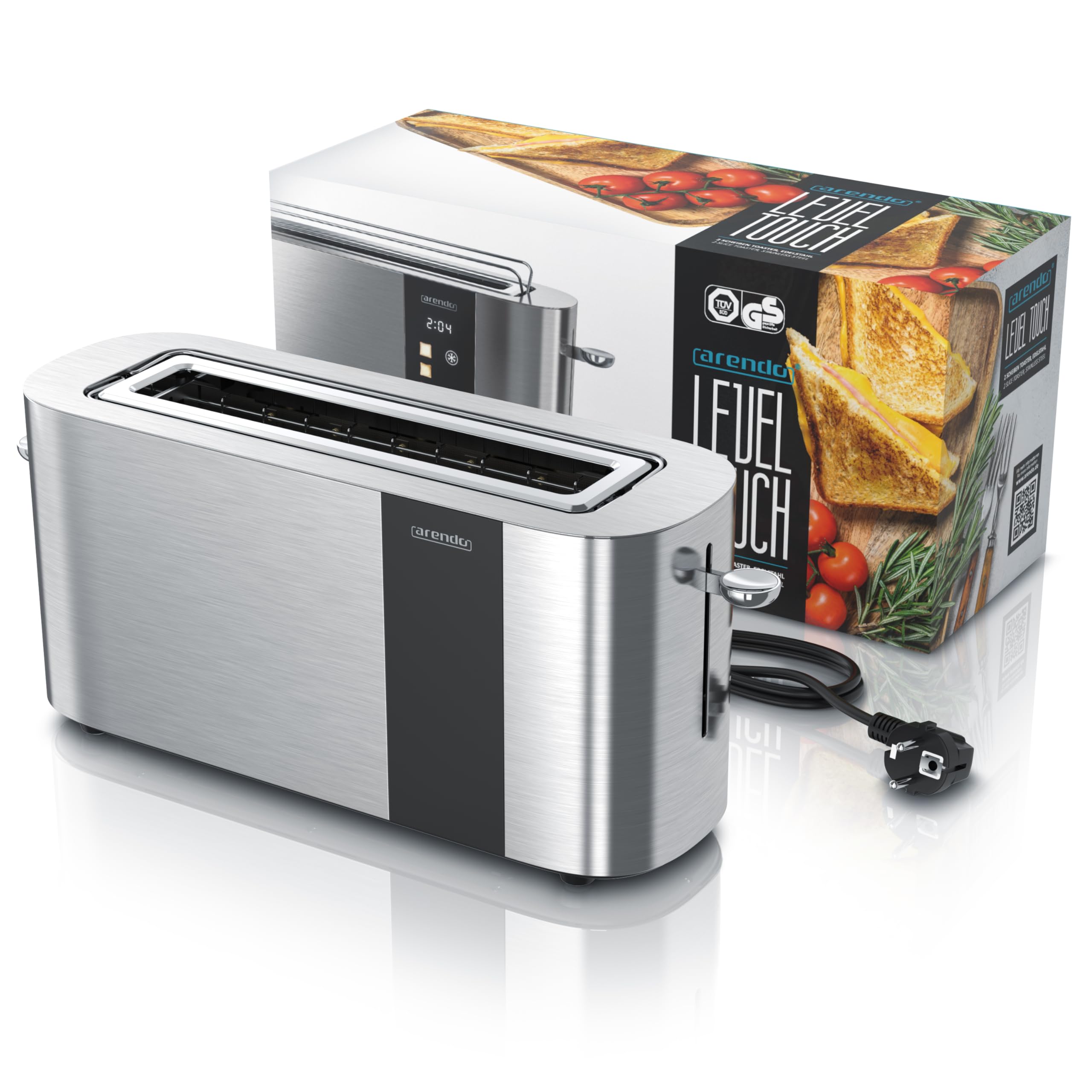 Arendo - Edelstahl Toaster 2 Scheiben Langschlitz - Touchscreen – Doppelwandgehäuse – Integrierter Brötchenaufsatz – 6 Bräunungsgrade – Brotzentrierung – Restzeitanzeige – Memoryfunktion - Silber