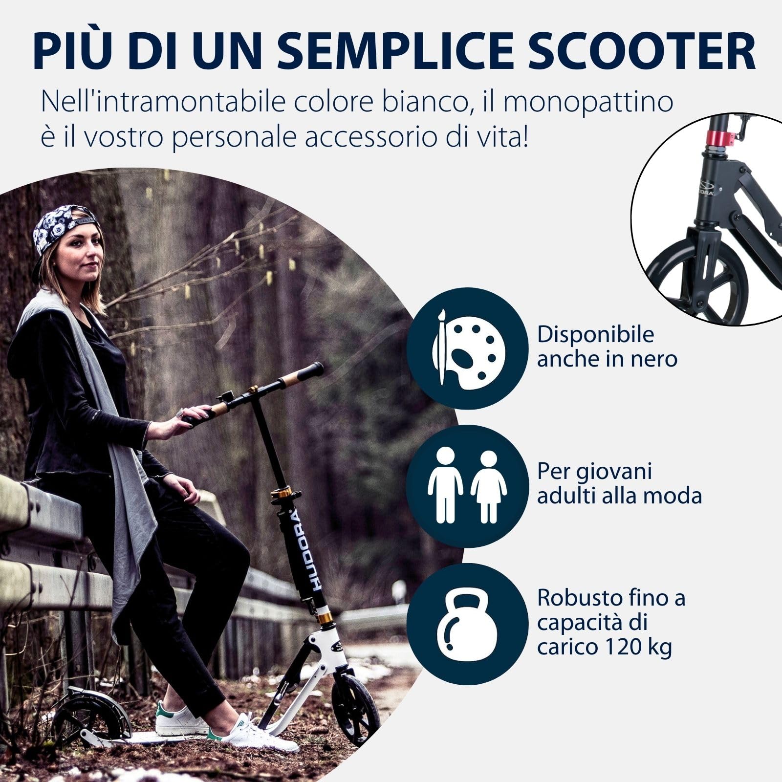 HUDORA Monopattino BigWheel Style 230 - Monopattino in alluminio resistente con pedana grande - Monopattino pieghevole regolabile in altezza per carico fino a 120kg - Per ragazzi e adulti