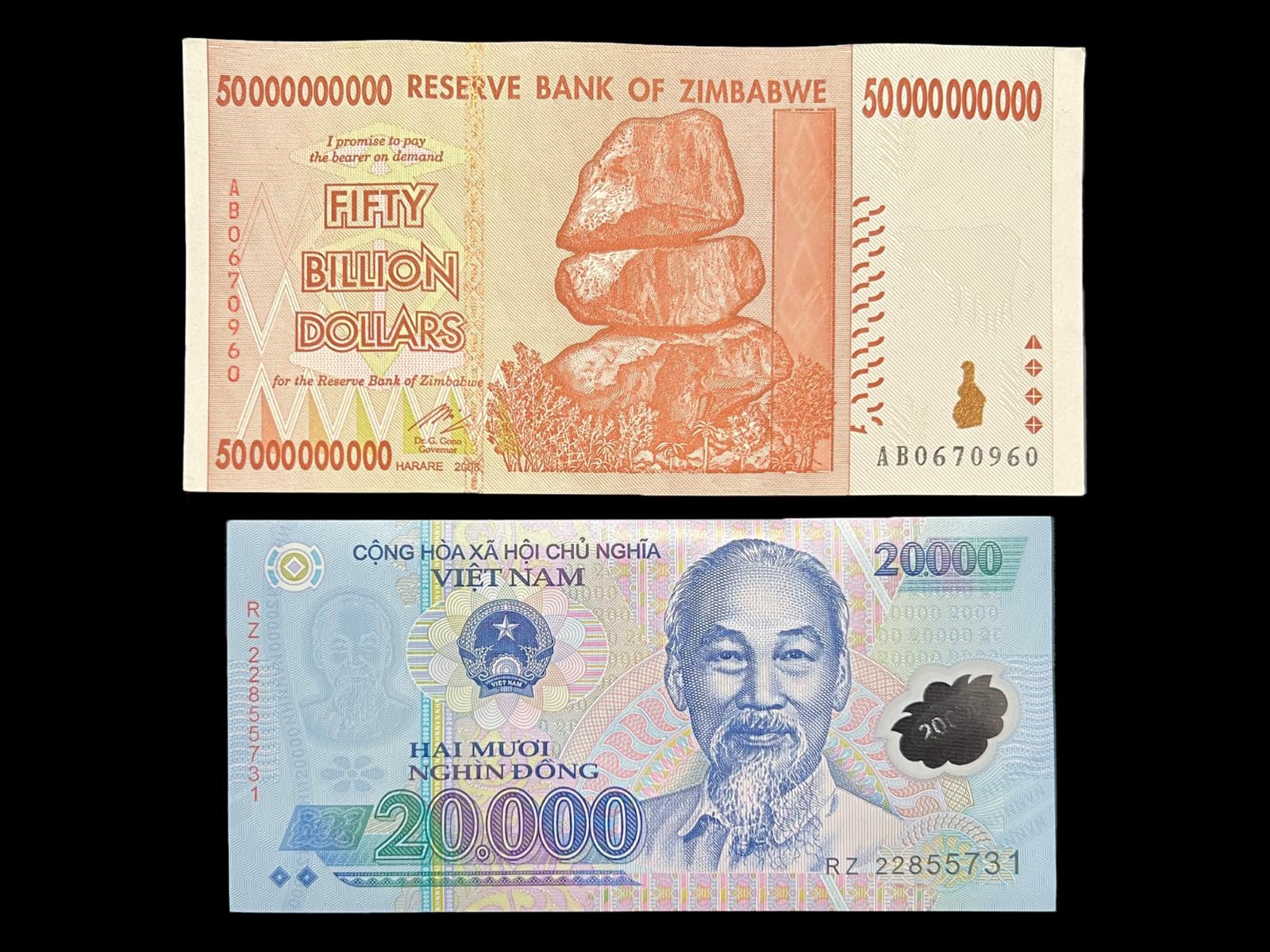 Vietnam 20000 Dong Banknote & Zimbabwe 50 Billion Dollar Bill Currency Money