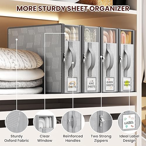 Miniatura 6 de PHINOX Organizadores y almacenamiento de sábanas, paquete de 4 organizadores de almacenamiento de sábanas para armario de lino, organizador de juego