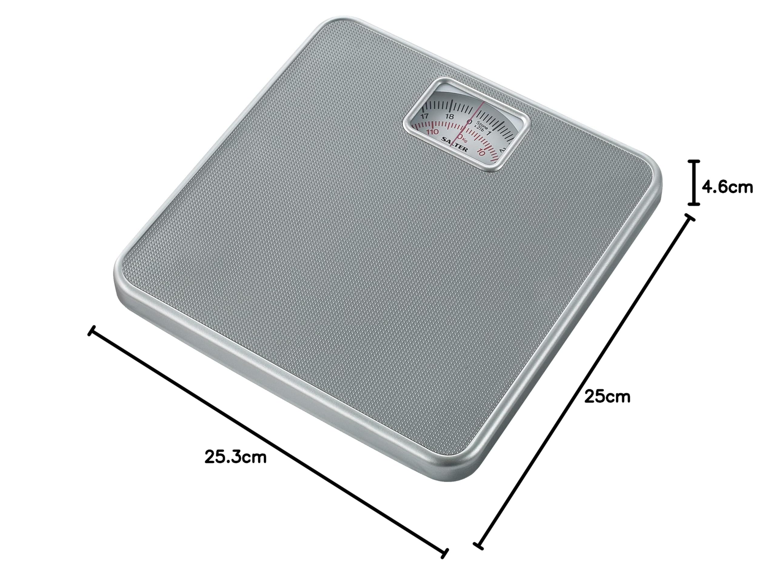Salter 433 SVDR Mechaniczna waga lazienkowa, mata antyposlizgowa, czytelna tarcza zegarowa, duza platforma dajaca duzo miejsca na stopy, zakres do 120 kg, nie wymaga baterii, srebrna