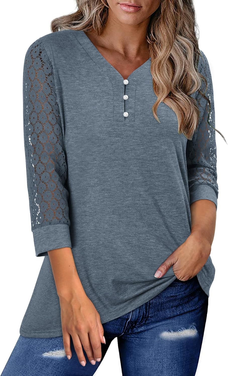 CRAZY GRID 3/4 Length Sleeve Womens Tops V-Neck Lace Tunic Button Down Business Casual Blouses Fall Trendy Outfits 2026 S-XXL - Image 4