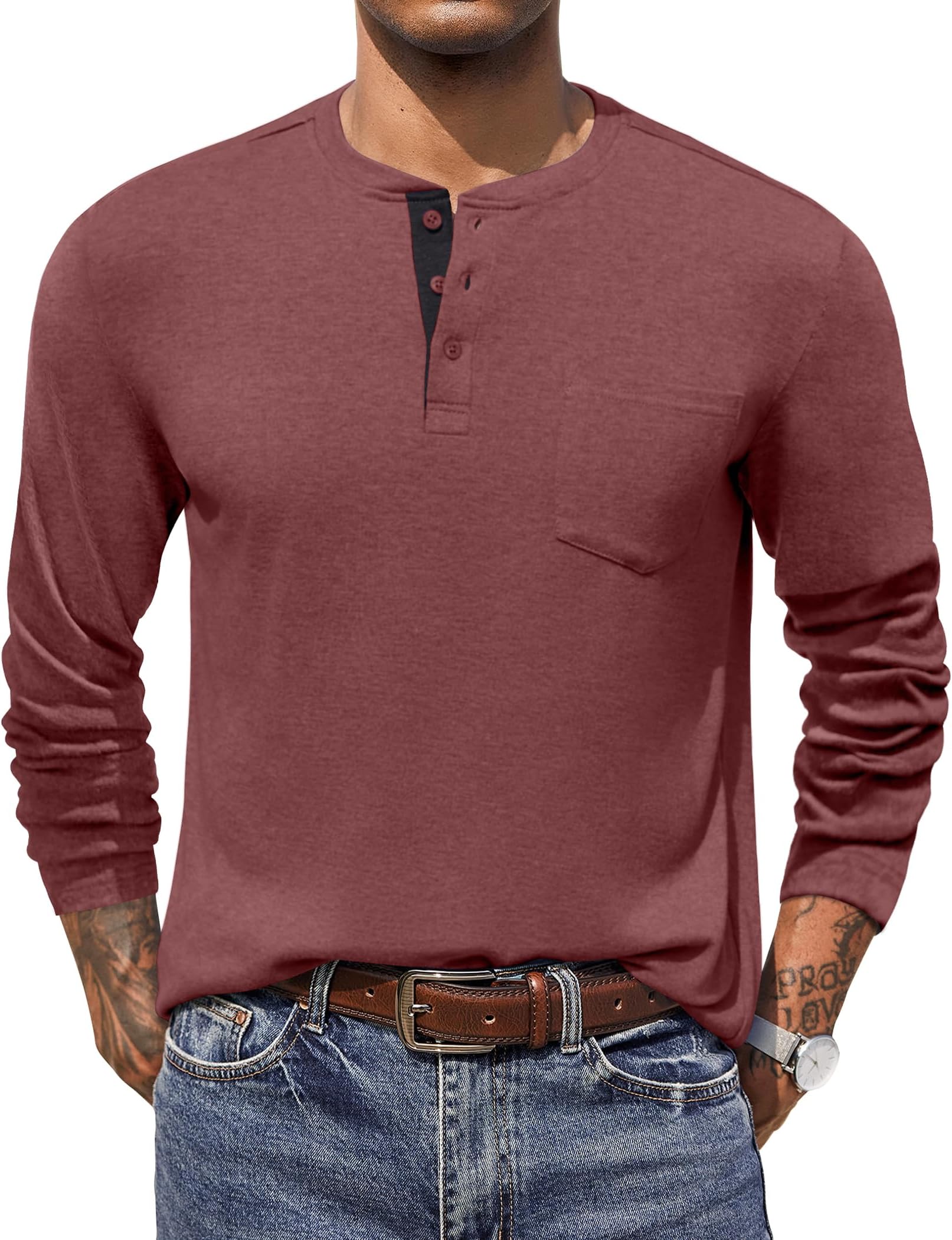 Men Long Sleeve Henley Shirs Casual Basic T Shirts Soild Button Tees with Pockets