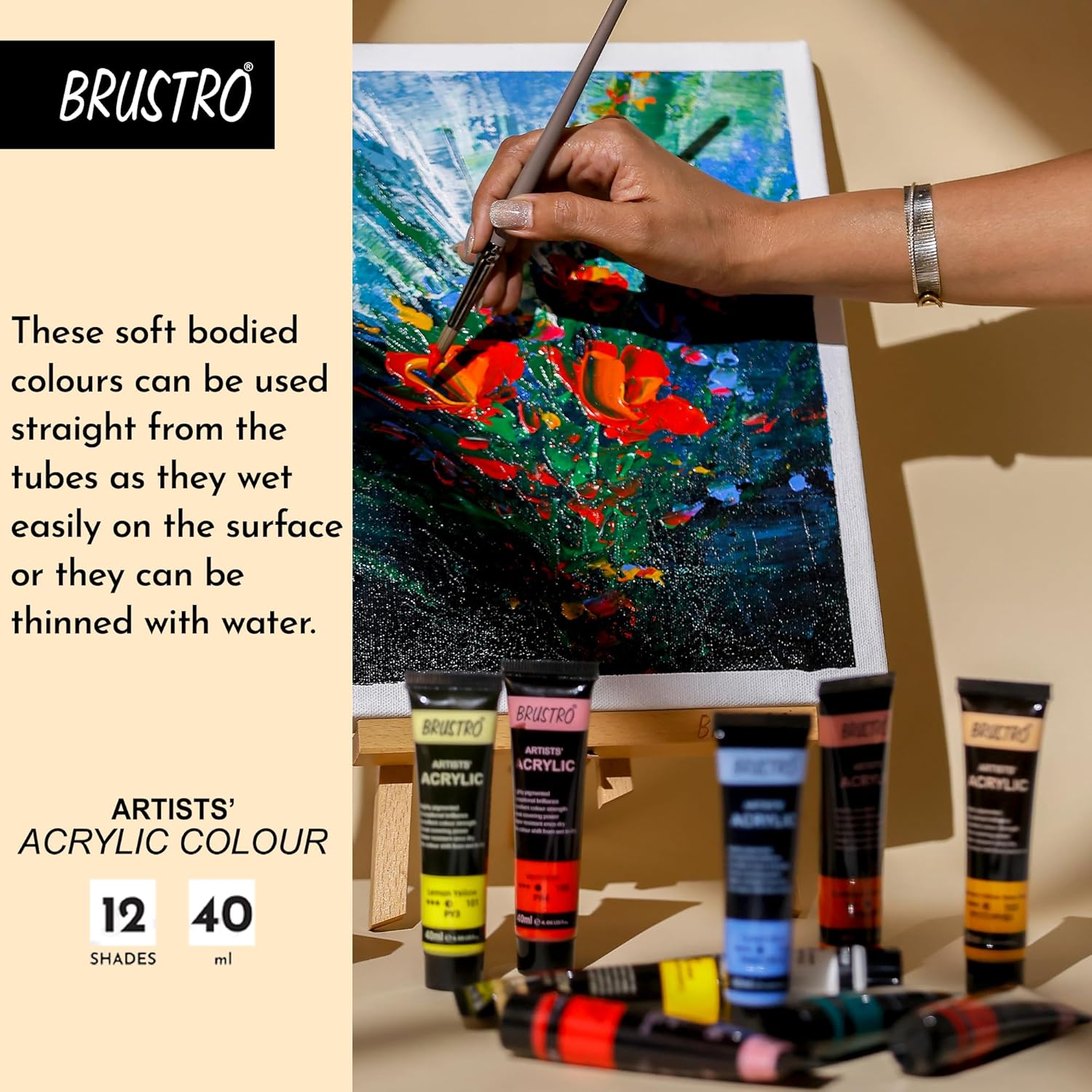 BRUSTRO Artists Acrylic Colour Paint - Set of 12, 40ml Color Tubes | Vibrant Shades,Soft Bodied,Water-based,Non-toxic,Inter-mixable,Ideal for Paper,Canvas,Cardboard, Fine Art Students,Professionals