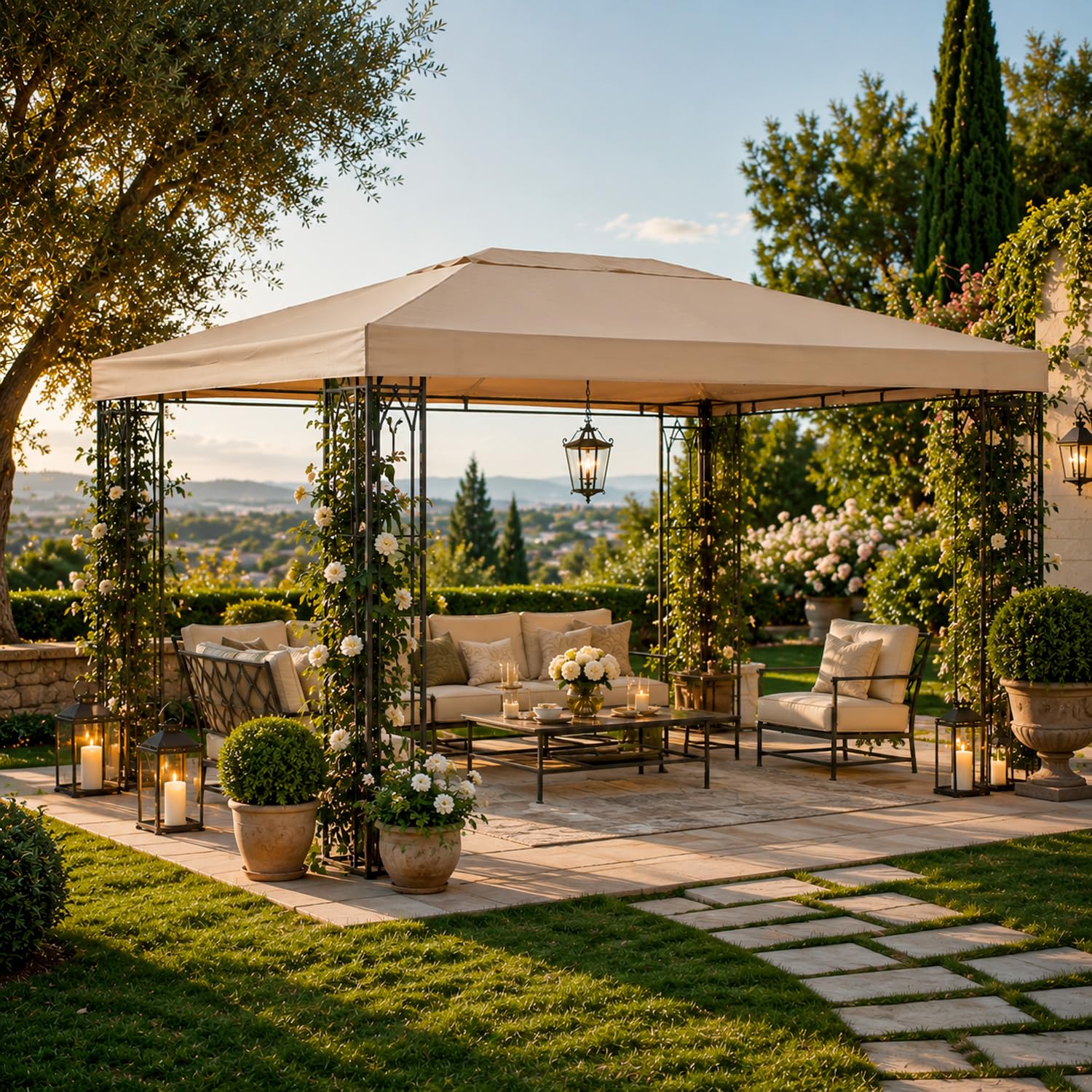 Telo Ricambio Impermeabile Per Gazebo 3x4 Metri In Poliestere PVC Con Protezione UV Velcro Rinforzato Giardino Terrazza Veranda Outdoor 300 X 400 Cm Beige
