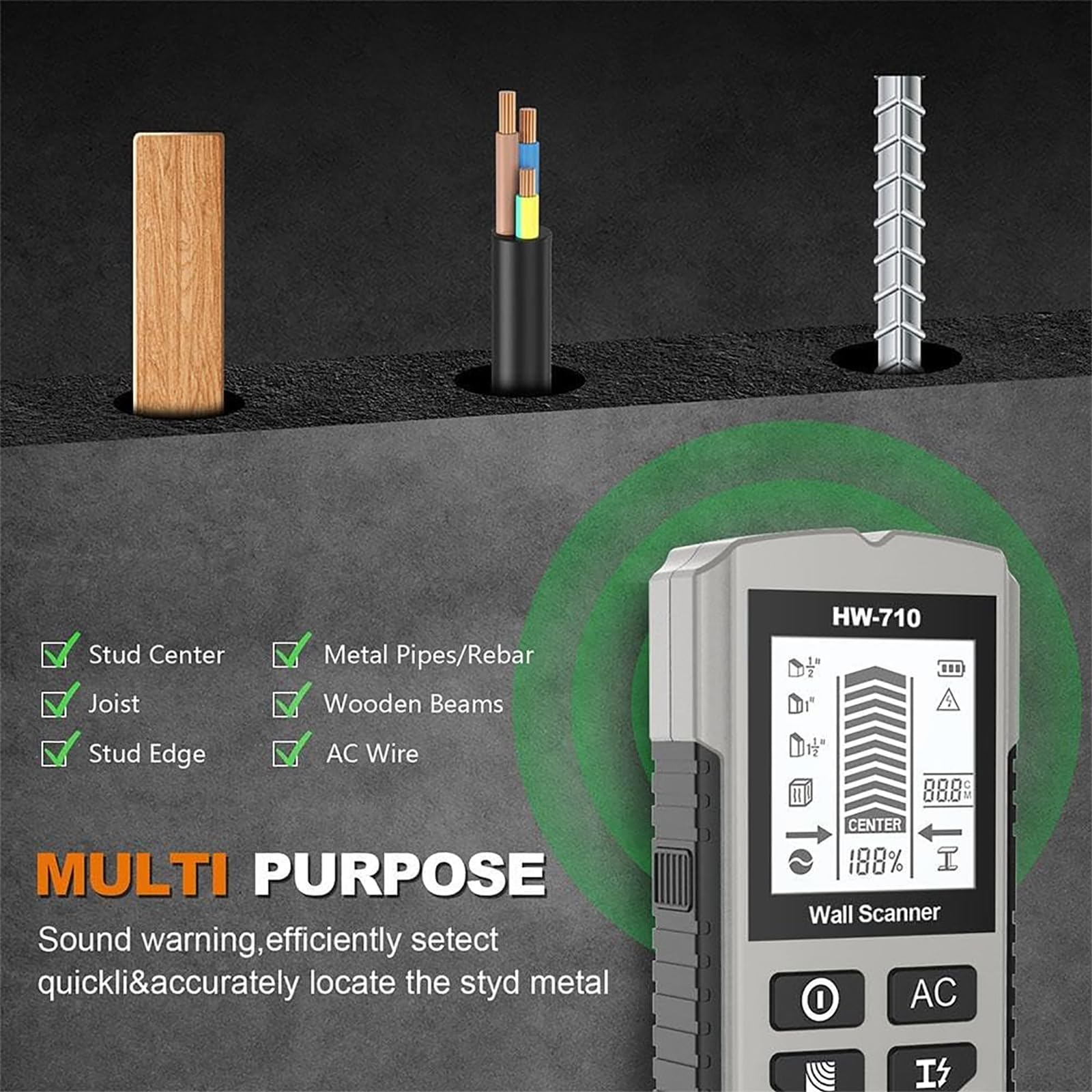 TsoLay Detector De Metales Y Paredes Portátil Multifuncional, Detector De Vigas De Alta Sensibilidad, Pantalla LCD HD Y Alarma Sonora, Ideal para Seguridad, Hormigón Y Construcción