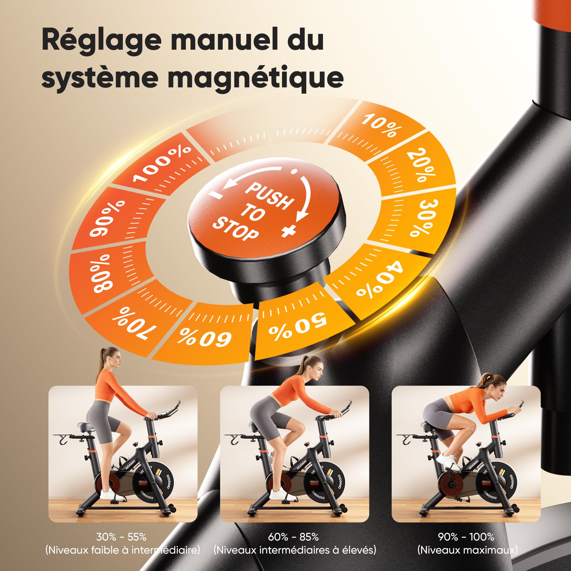 GIDGIMO 2026 Nouveauté Velo d Appartement, Vélo Spinning d’Intérieur Silencieux avec Résistance Réglable, Écran LCD, Selle Respirante, Capteur Cardiaque, Charge Maximale 200 kg