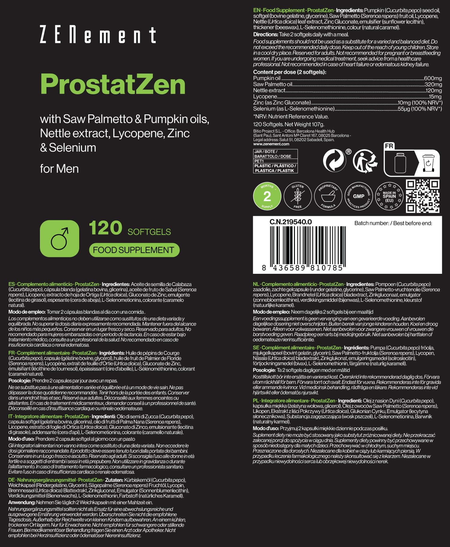 ProstatZen con Oli di Saw Palmetto e Zucca, Estratto di Ortica, Licopene, Zinco e Selenio - Formula Sinergica per il Benessere Maschile - 120 Capsule Softgel - Zenement