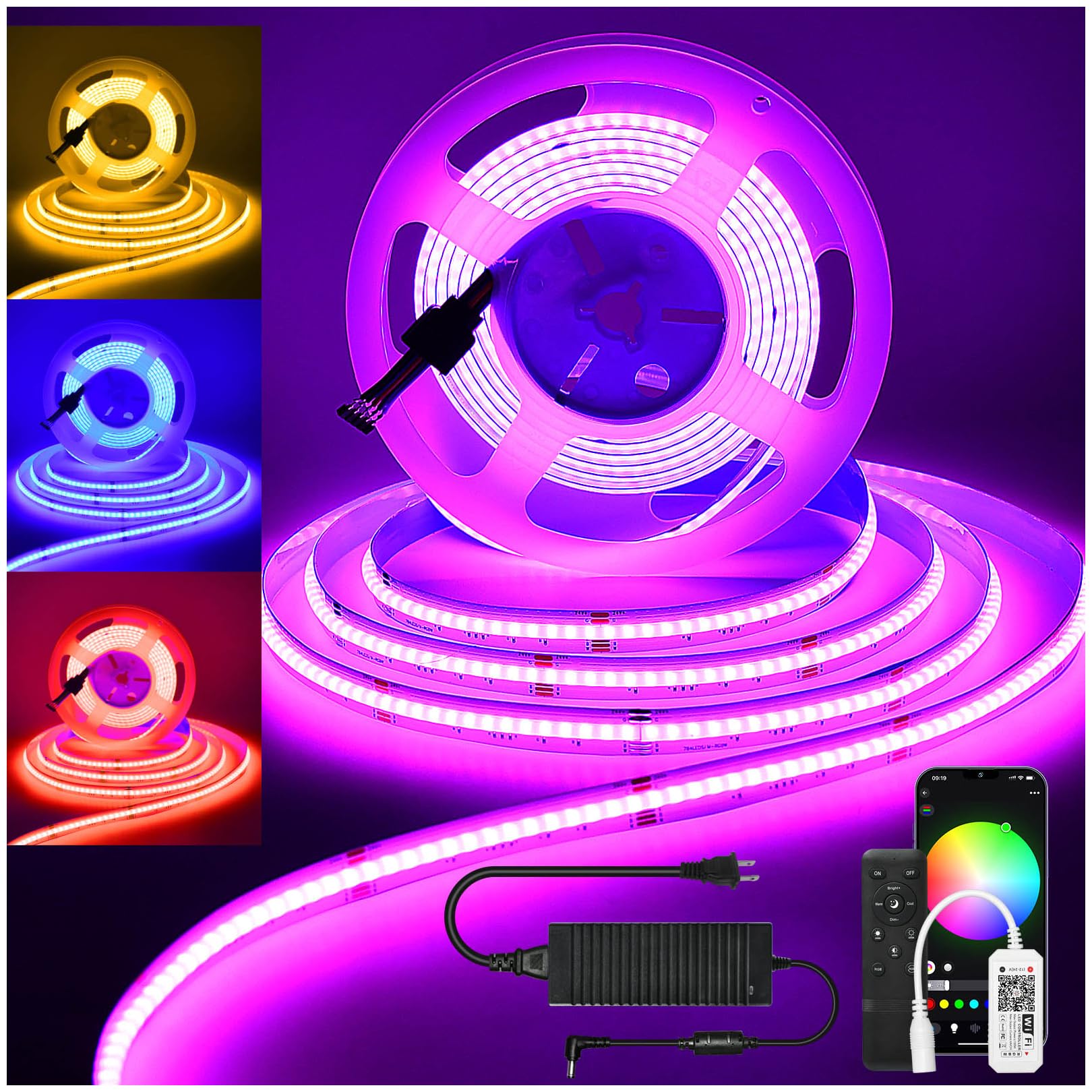 INDARUN RGBW COB Led Strip Light 16.4ft/5m, 784LEDs/m 12mm Width, Smart Alexa Led Strip, 24V Flexible Tape Light Color Changing for Room Decor, Led Christmas Lights for TV Backlight